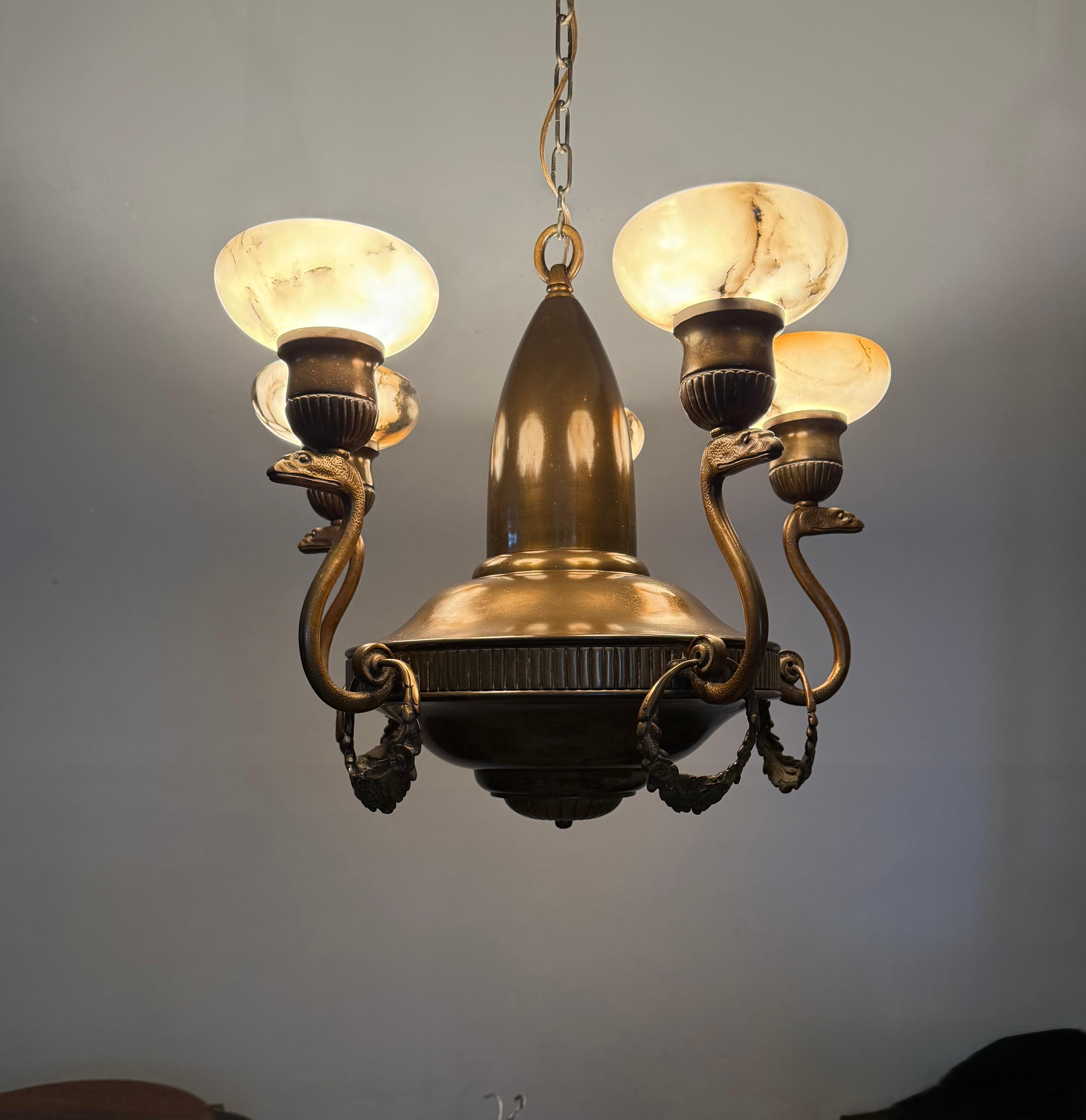 Amazing Arts & Crafts Bronze Chandelier w. Snake Sculptures and Alabaster Shades For Sale 9