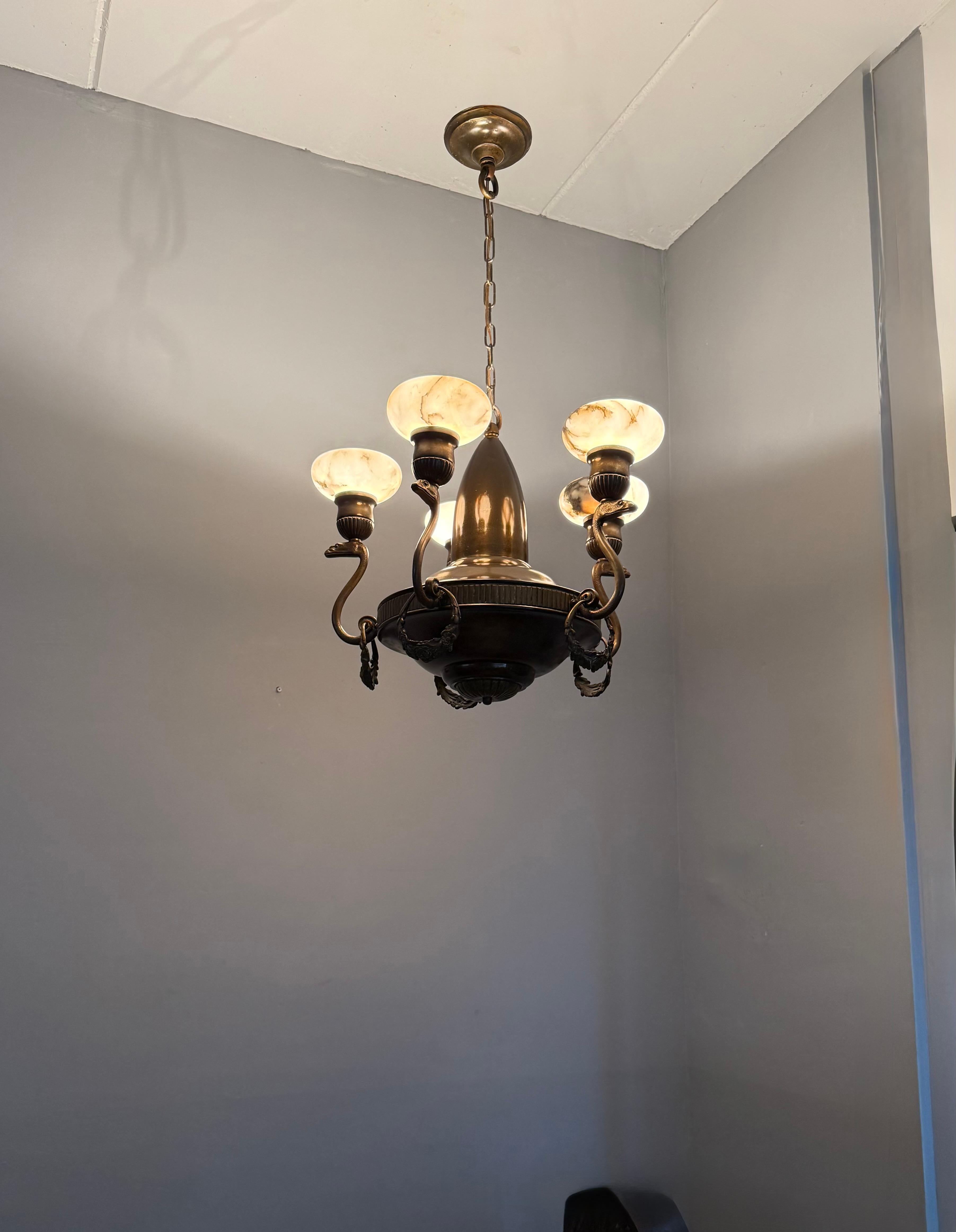 Amazing Arts & Crafts Bronze Chandelier w. Snake Sculptures and Alabaster Shades For Sale 11