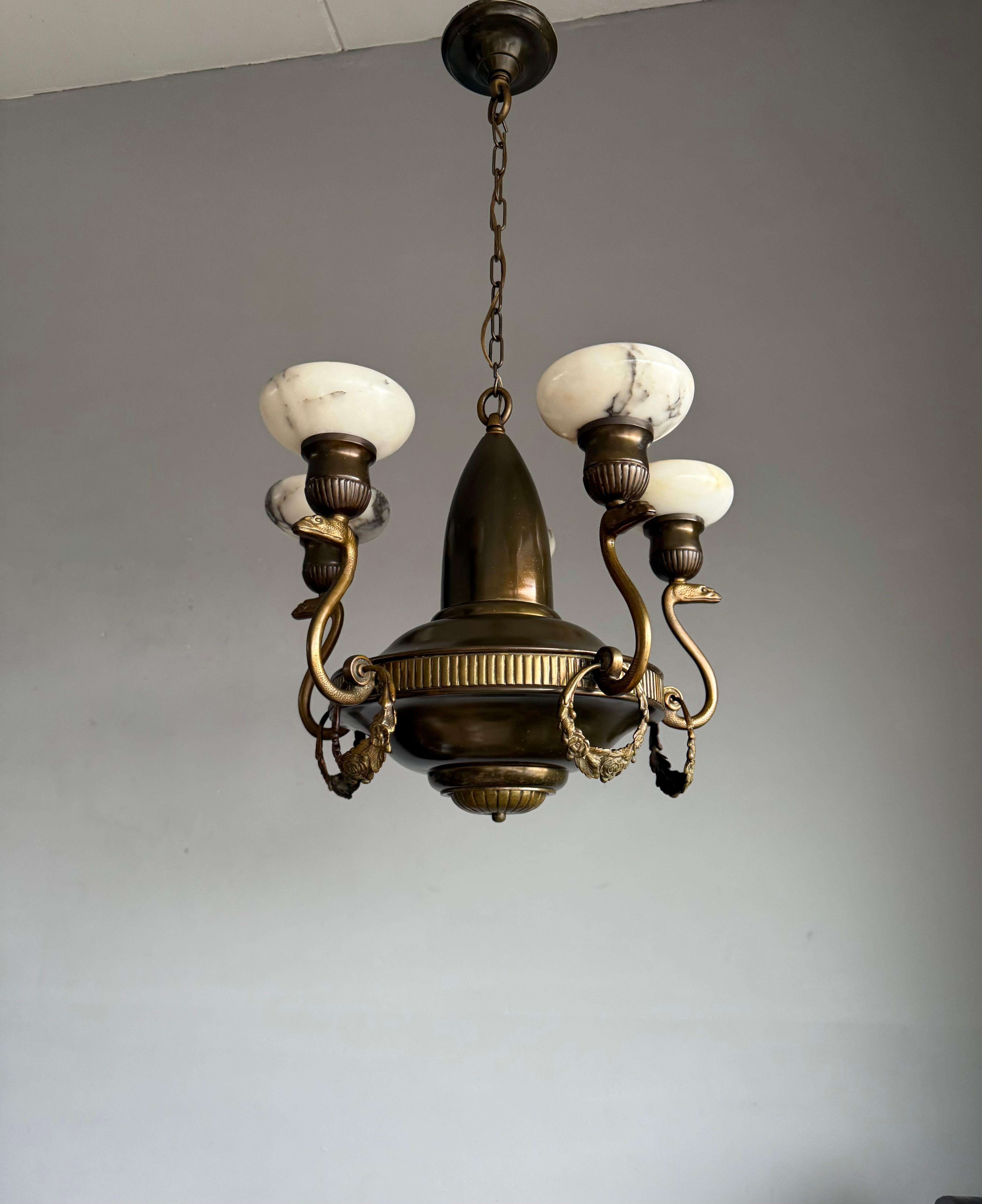 Amazing Arts & Crafts Bronze Chandelier w. Snake Sculptures and Alabaster Shades For Sale 12