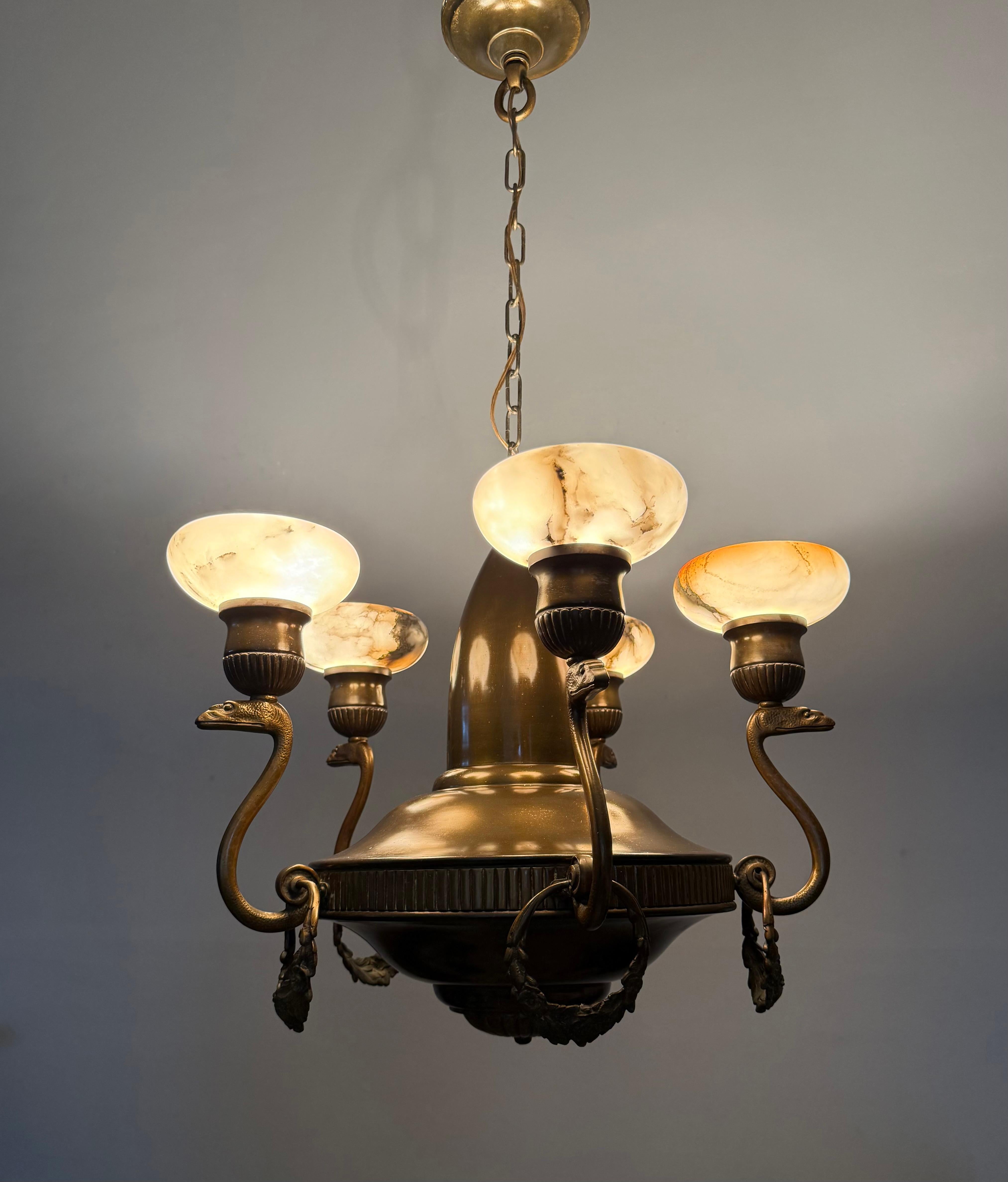 Arts and Crafts Amazing Arts & Crafts Bronze Chandelier w. Snake Sculptures and Alabaster Shades For Sale