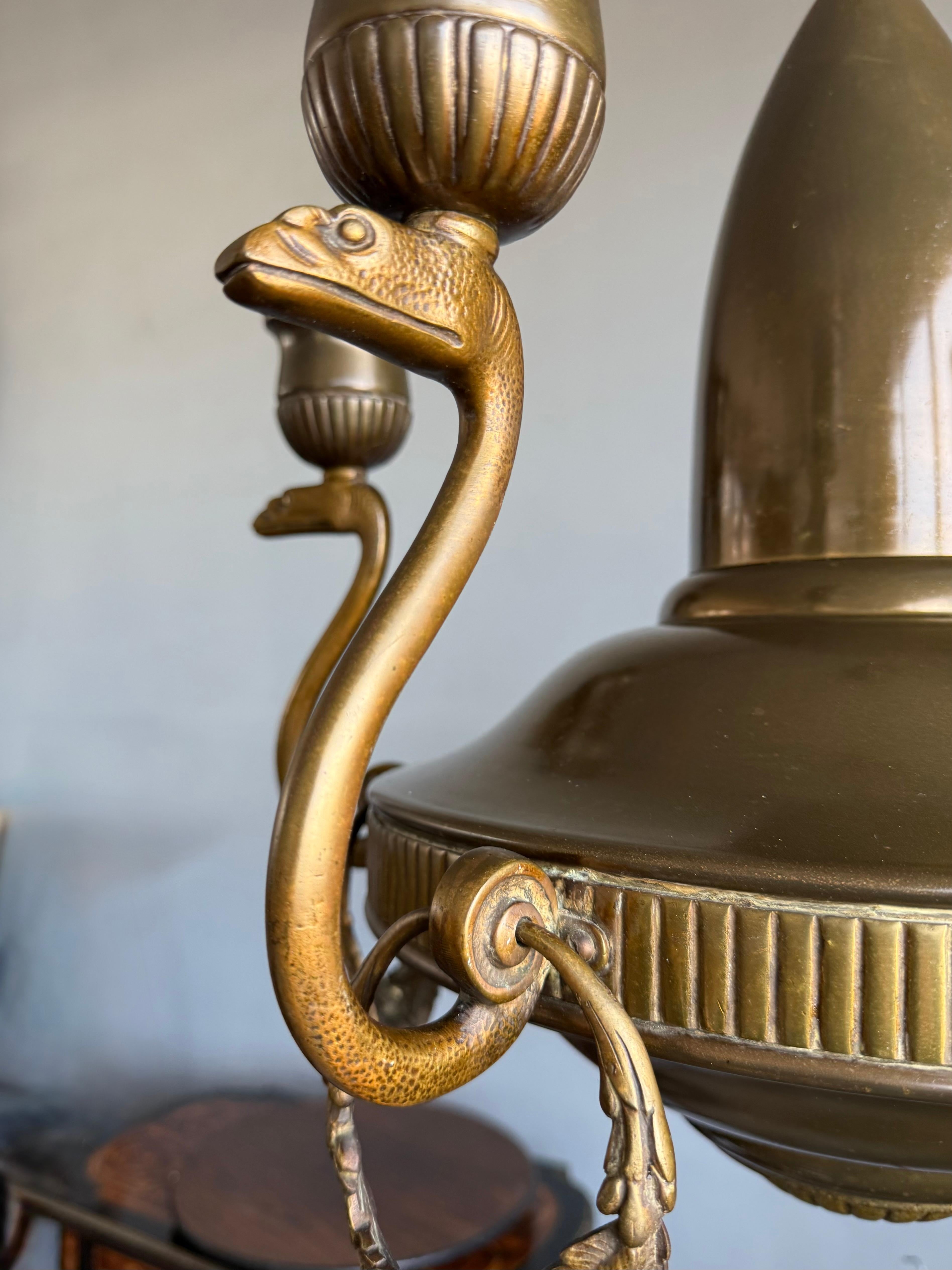 French Amazing Arts & Crafts Bronze Chandelier w. Snake Sculptures and Alabaster Shades For Sale