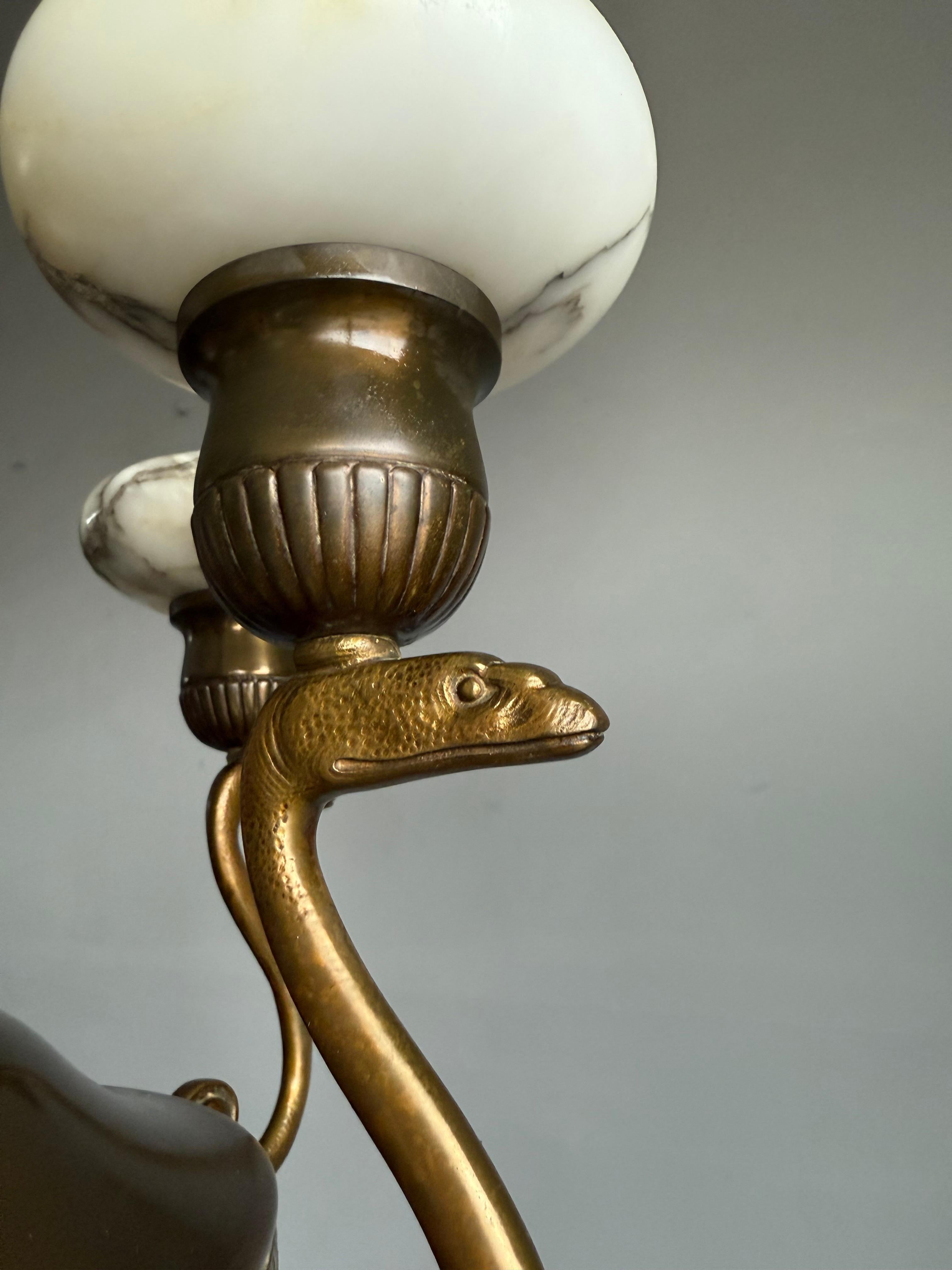 Cast Amazing Arts & Crafts Bronze Chandelier w. Snake Sculptures and Alabaster Shades For Sale