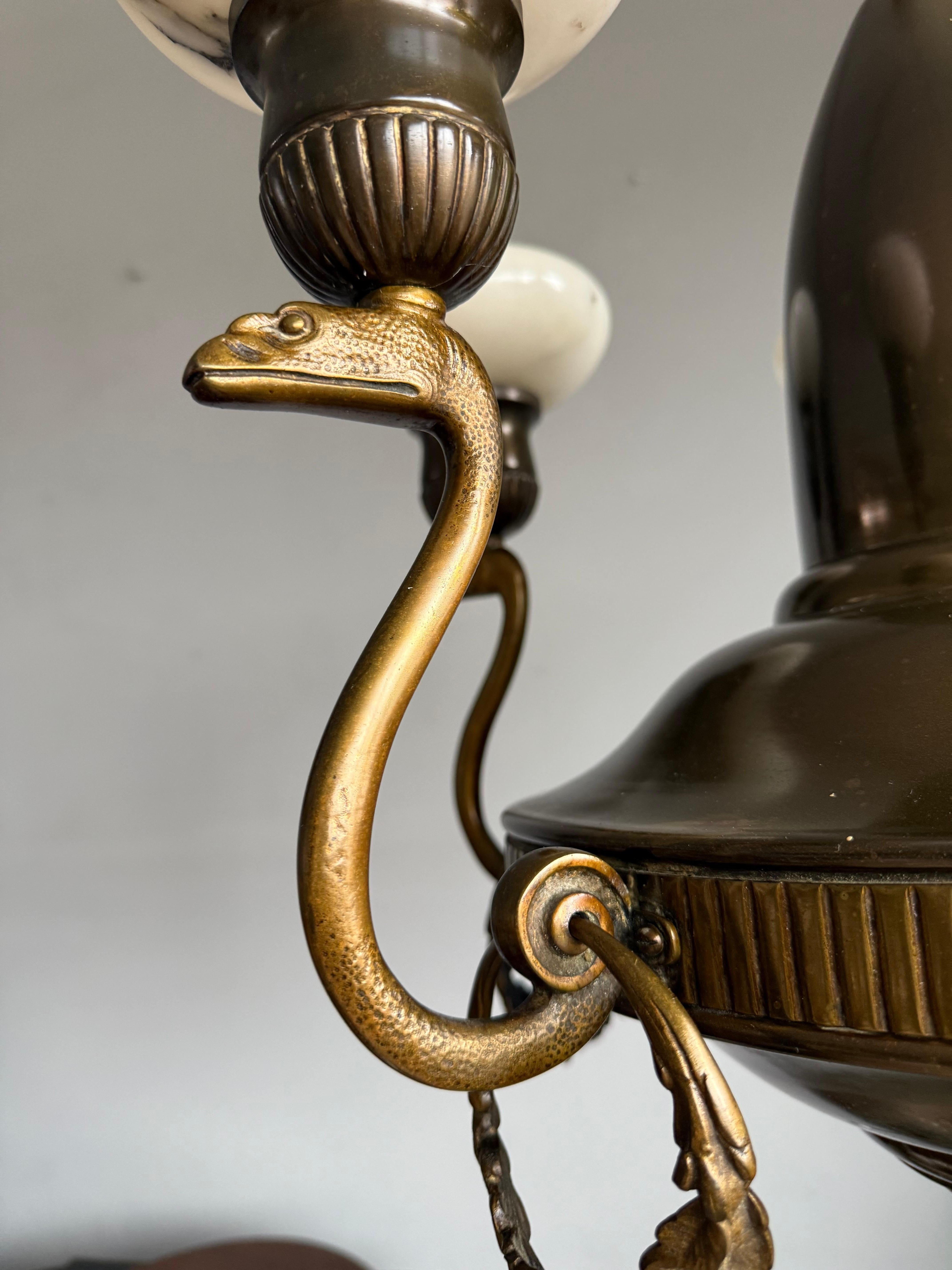 Amazing Arts & Crafts Bronze Chandelier w. Snake Sculptures and Alabaster Shades In Good Condition For Sale In Lisse, NL