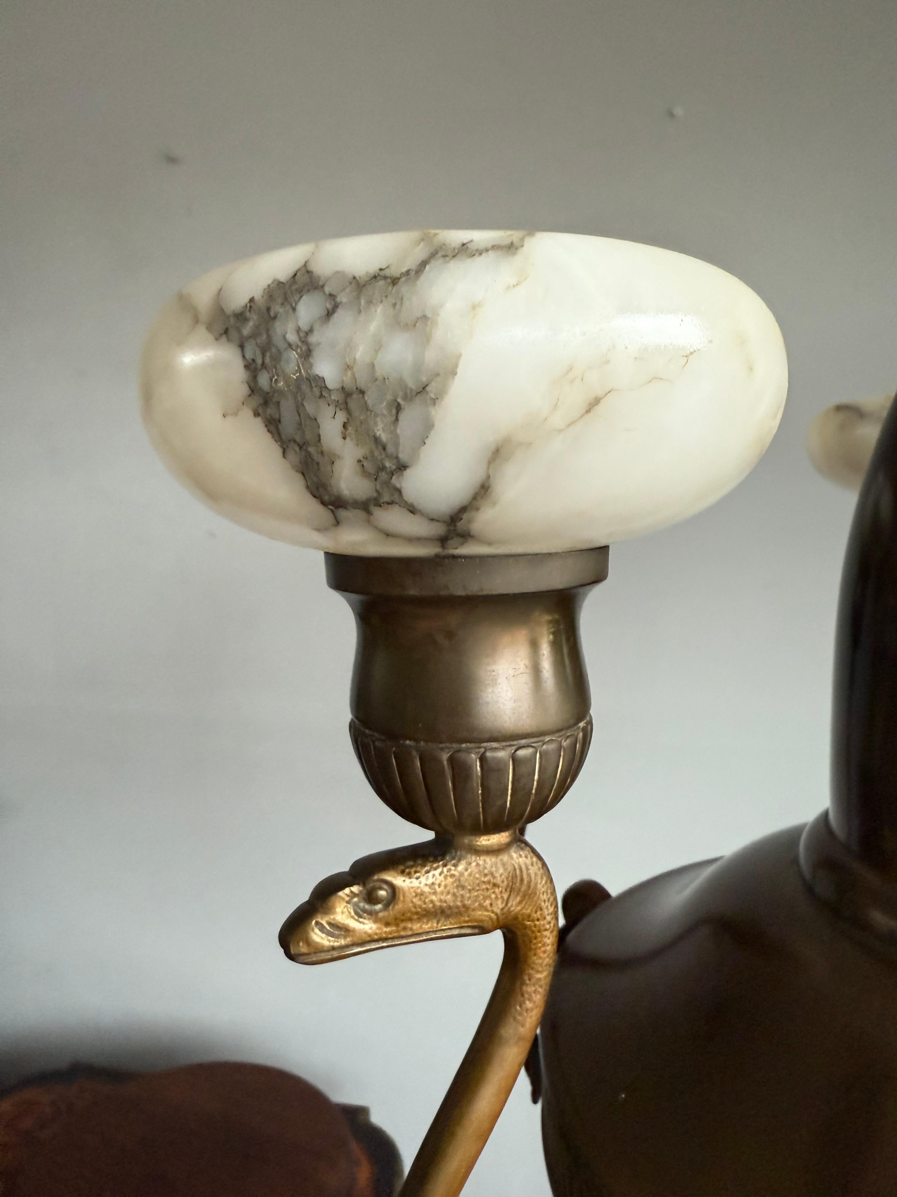 20th Century Amazing Arts & Crafts Bronze Chandelier w. Snake Sculptures and Alabaster Shades For Sale