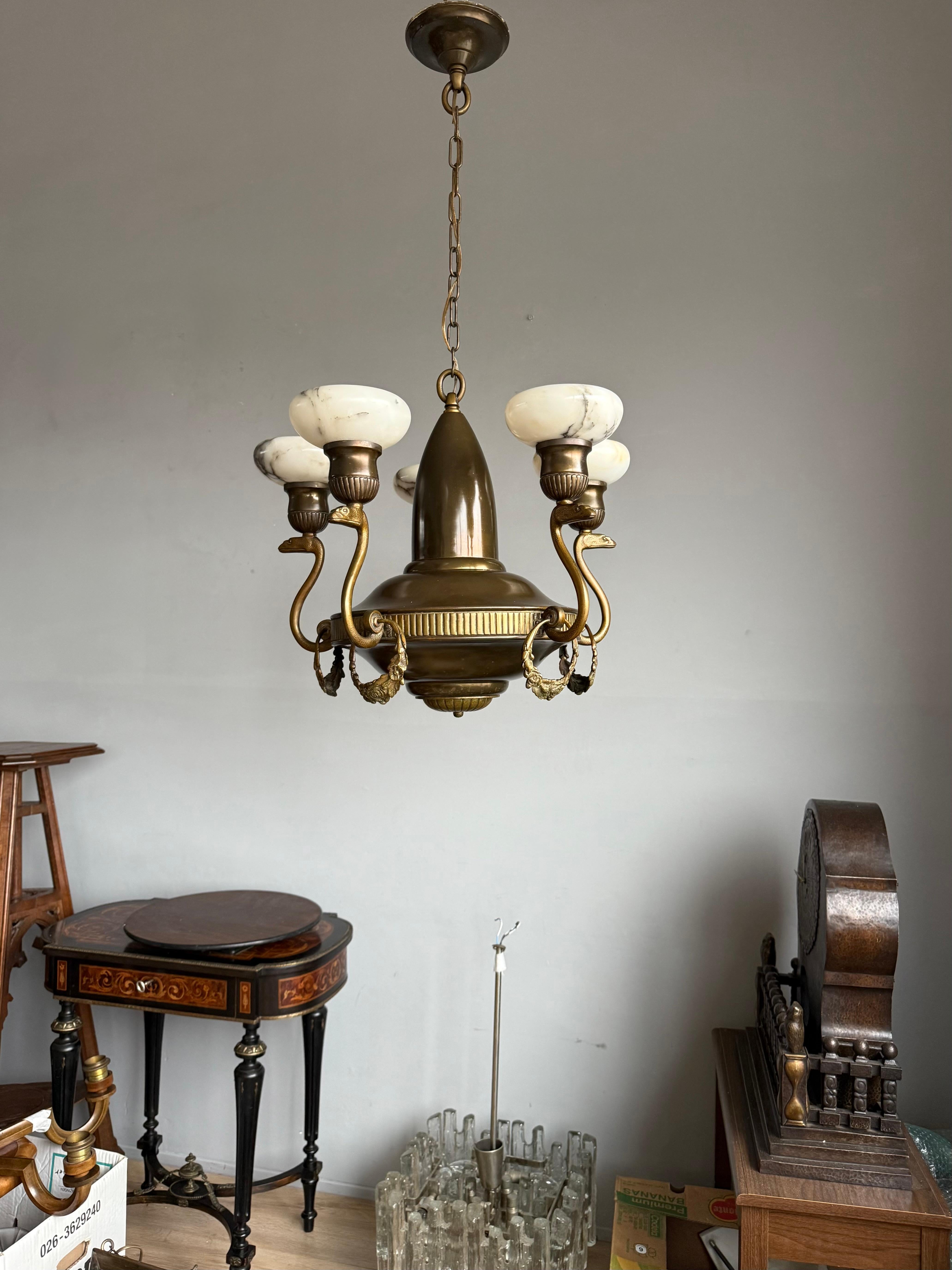 Amazing Arts & Crafts Bronze Chandelier w. Snake Sculptures and Alabaster Shades For Sale 1