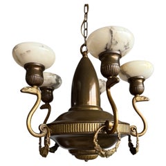 Amazing Arts & Crafts Bronze Chandelier w. Snake Sculptures and Alabaster Shades