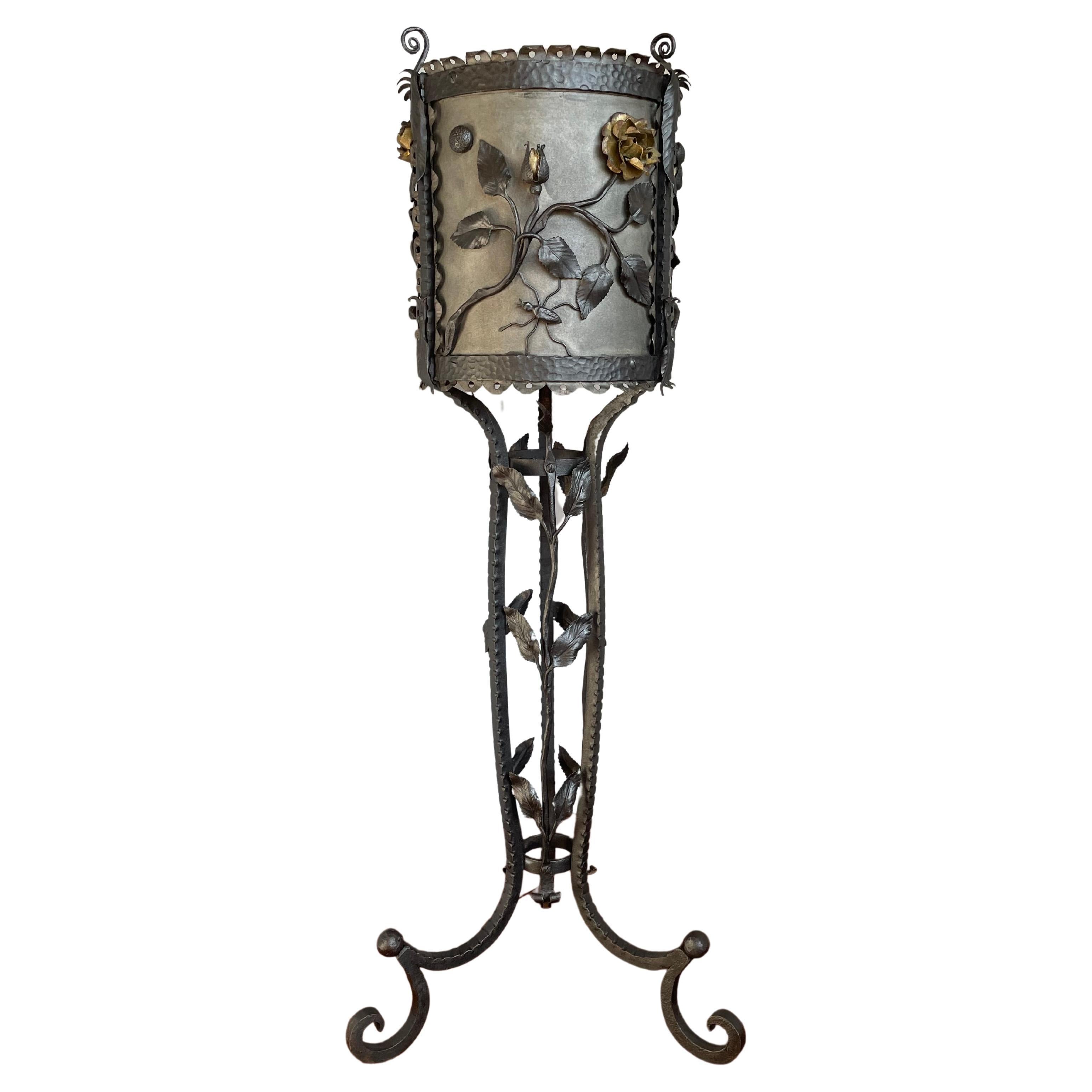 Amazing Arts & Crafts Wrought Iron Jardinière Plant Stand w. Rose Flowers & Bugs For Sale