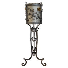 Antique Amazing Arts & Crafts Wrought Iron Jardinière Plant Stand w. Rose Flowers & Bugs