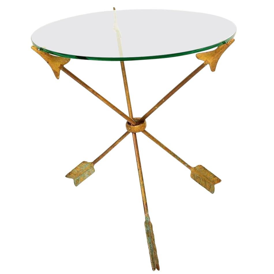 Amazing Arturo Pani Bronze Arrows Martini Side Tripod Table Glass Top, 1940s