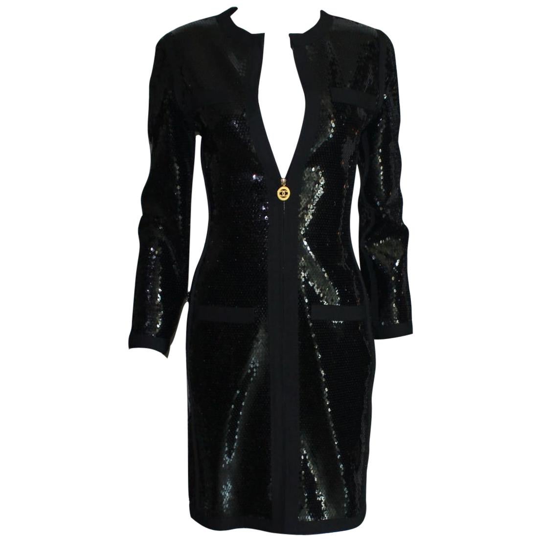 Amazing Black Chanel Sequin Silk Evening Dress Coat Jacket