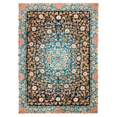 Étonnant tapis Art déco chinois à fond noir, fleurs de champs et arabesques fluides