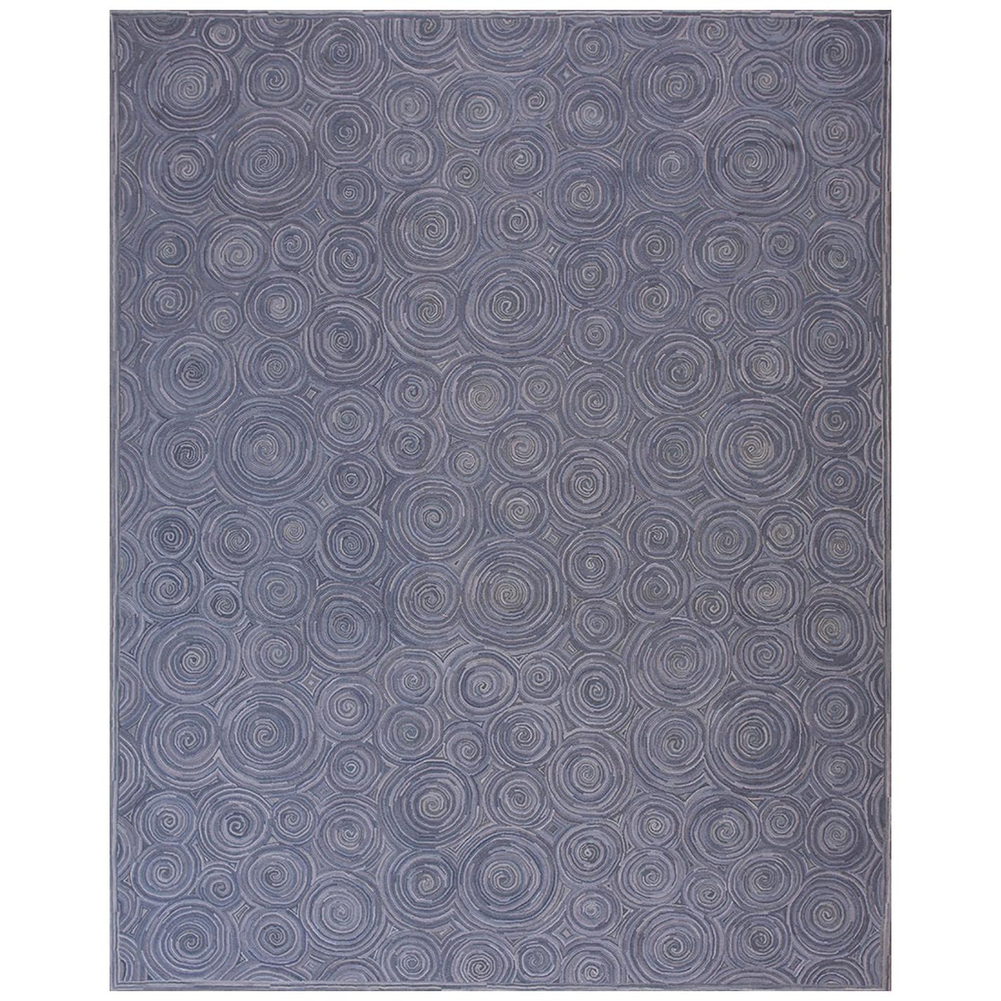 Amazing Blue Color Circles Pattern Contemporary American Hooked Rug 8 x 10