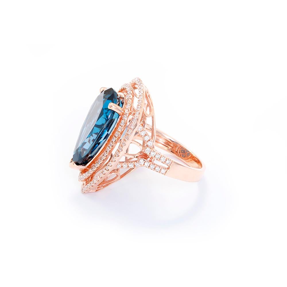 Amazing Blue Topaz Diamond Rose Gold Cocktail Ring For Sale 1