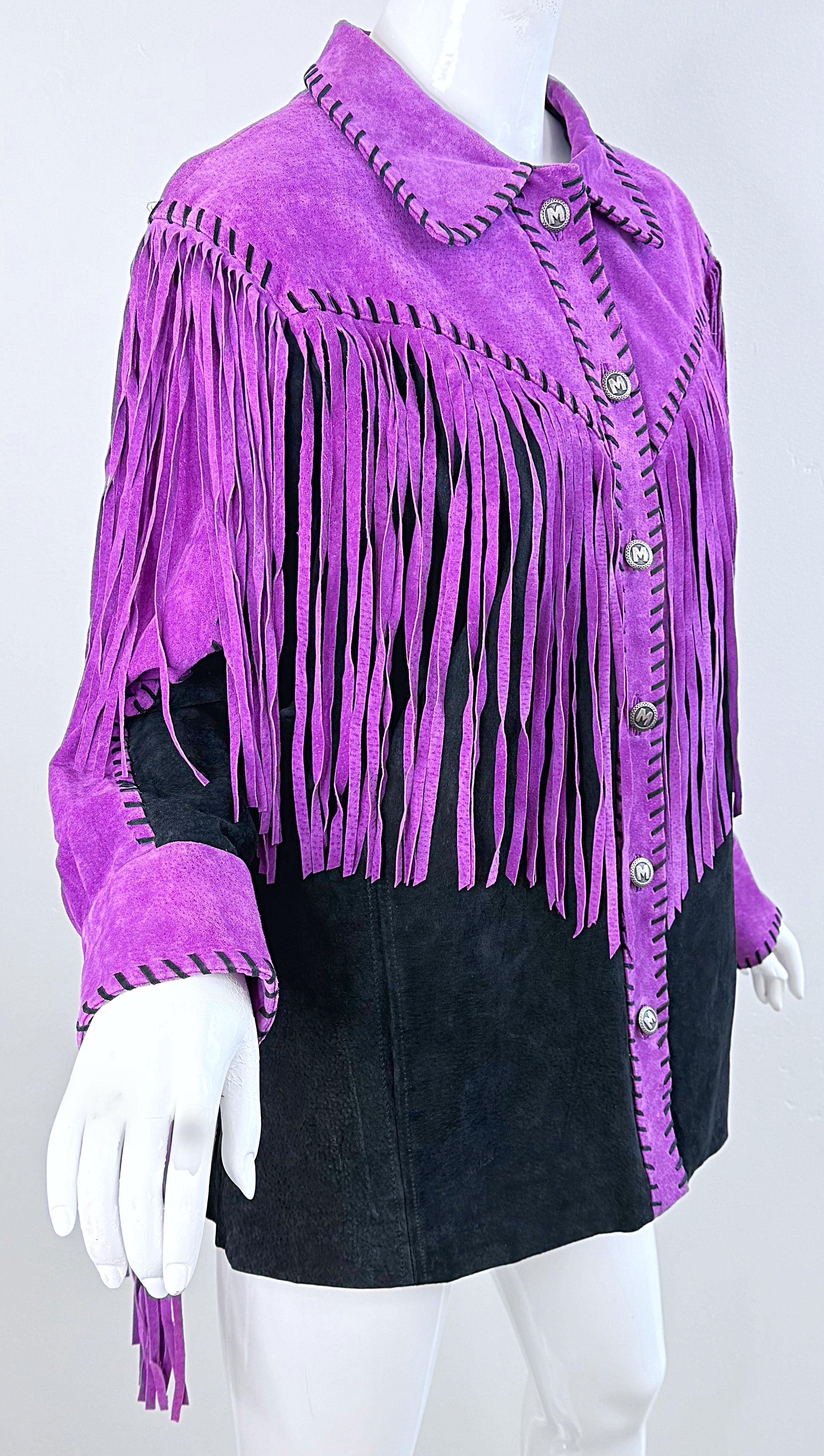 Amazing Bob Mackie 1990s Size Large Suede Purple Black Fringe Vintage 90s Jacket For Sale 6