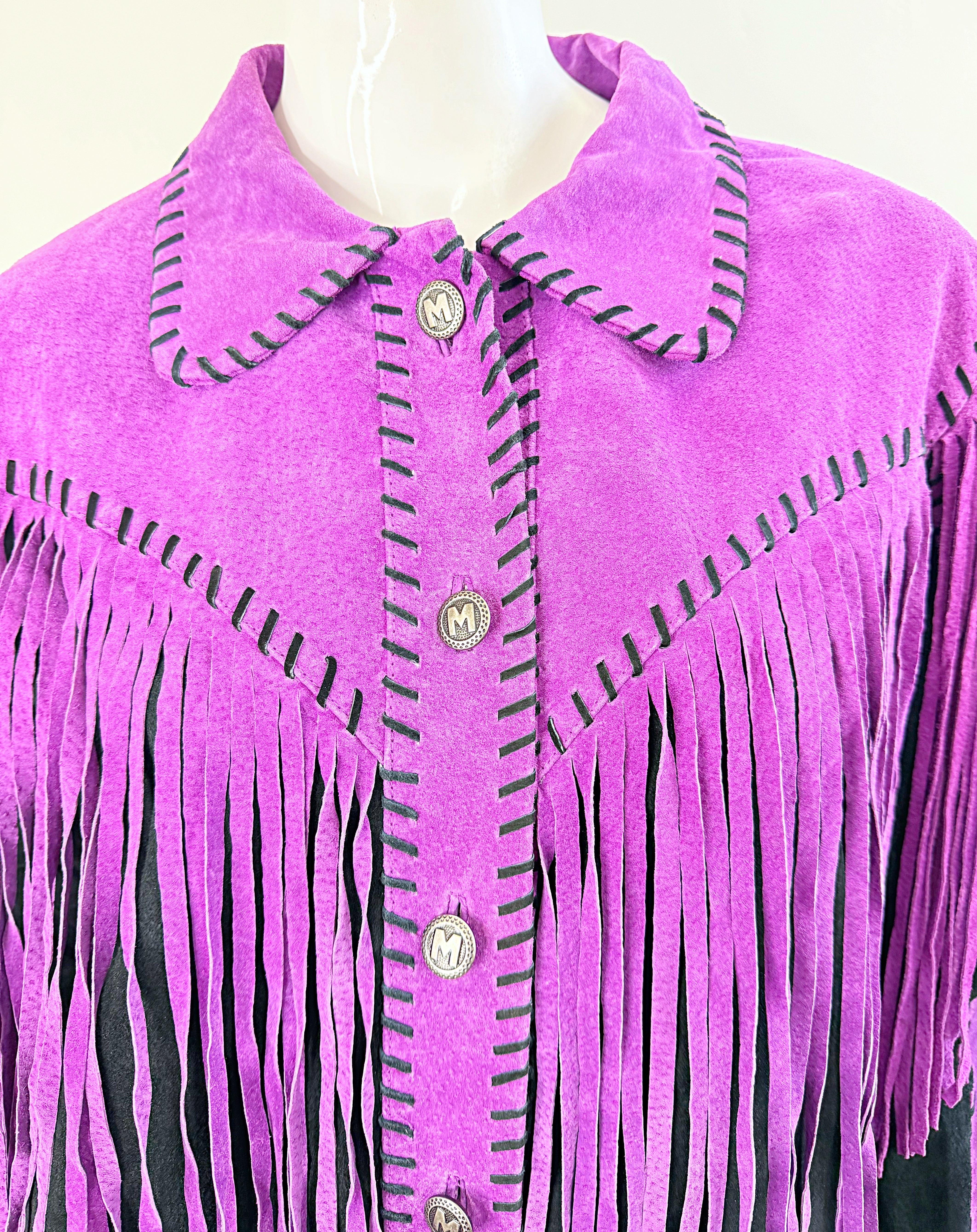 Amazing Bob Mackie 1990s Size Large Suede Purple Black Fringe Vintage 90s Jacket For Sale 7