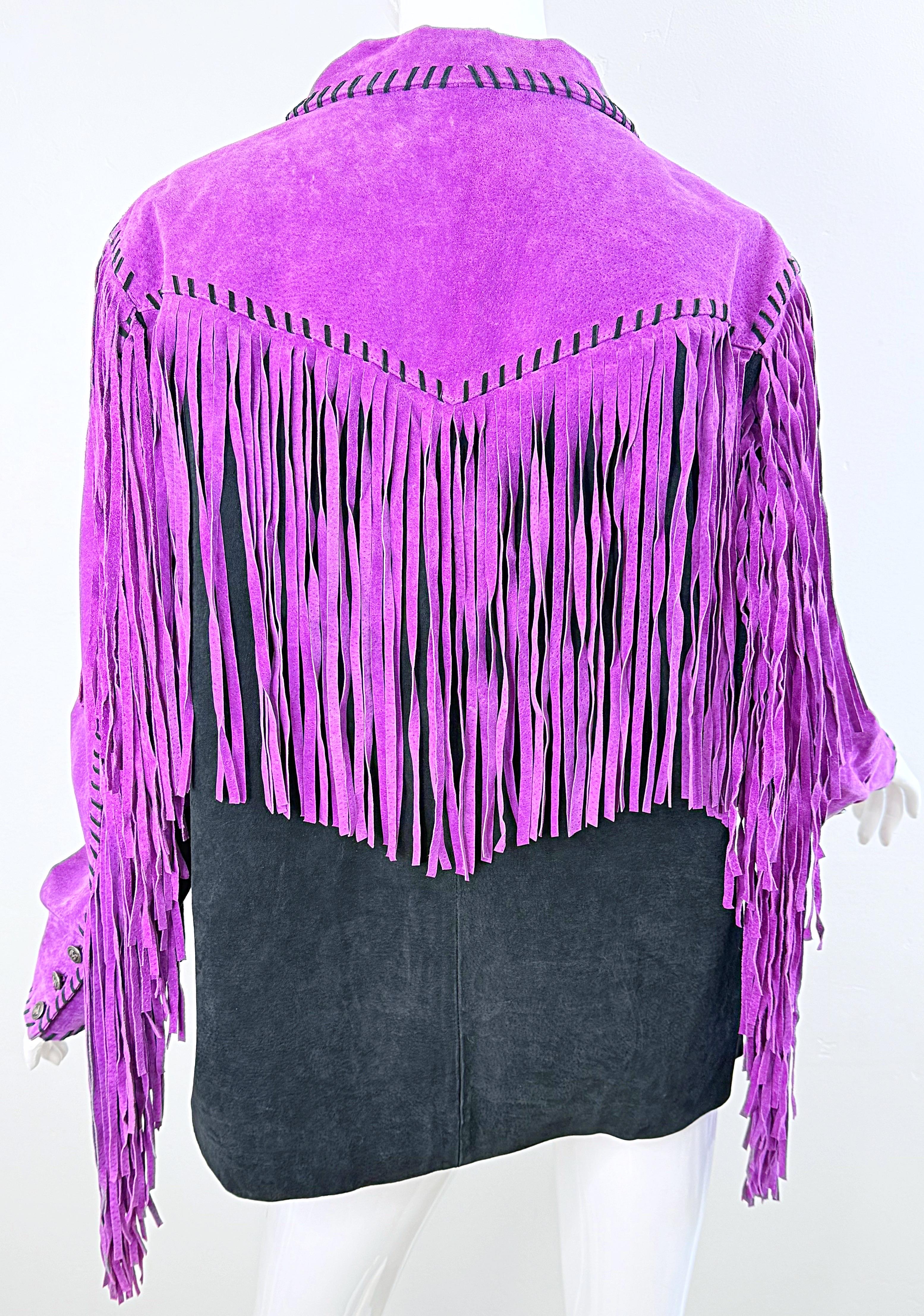 Amazing Bob Mackie 1990s Size Large Suede Purple Black Fringe Vintage 90s Jacket For Sale 8