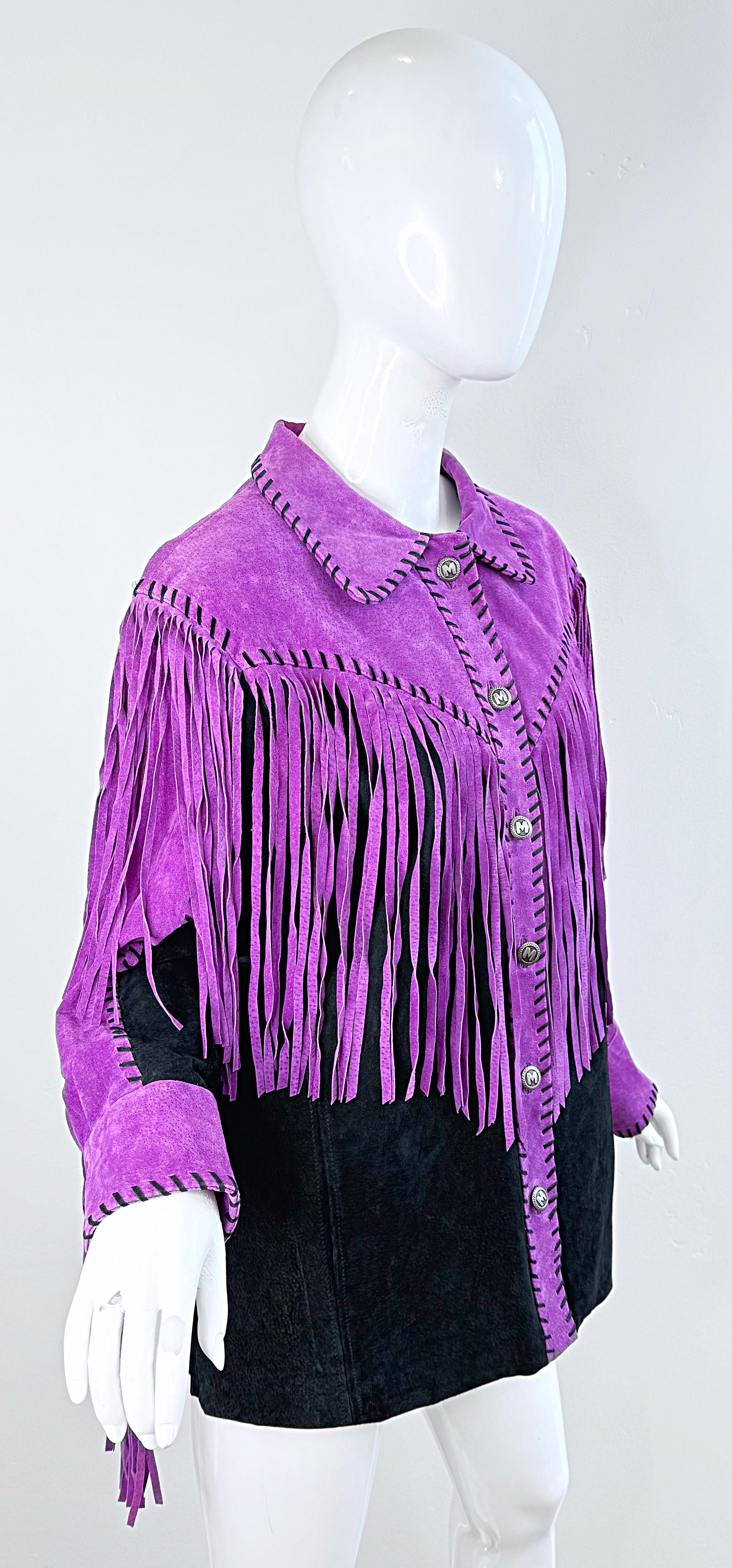 Amazing Bob Mackie 1990s Size Large Suede Purple Black Fringe Vintage 90s Jacket For Sale 9