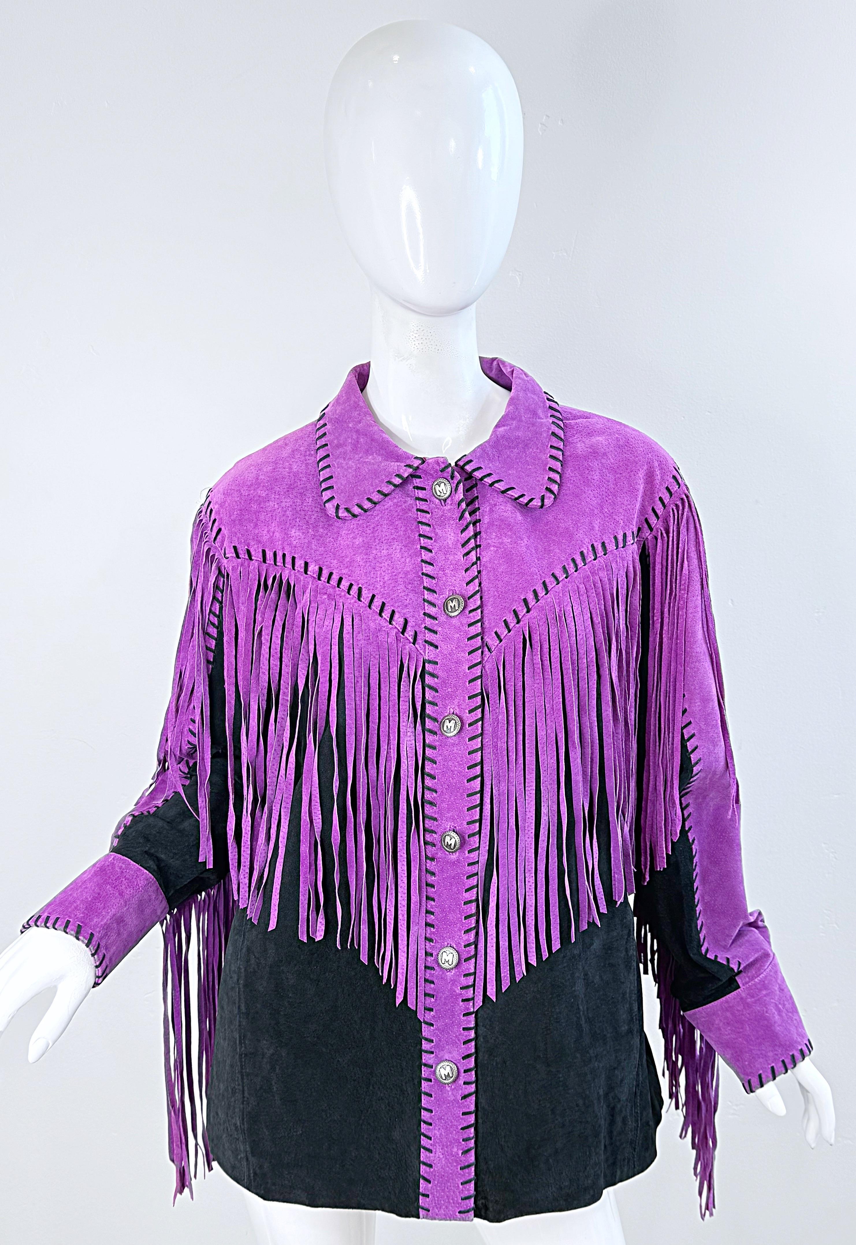 Amazing Bob Mackie 1990s Size Large Suede Purple Black Fringe Vintage 90s Jacket For Sale 10