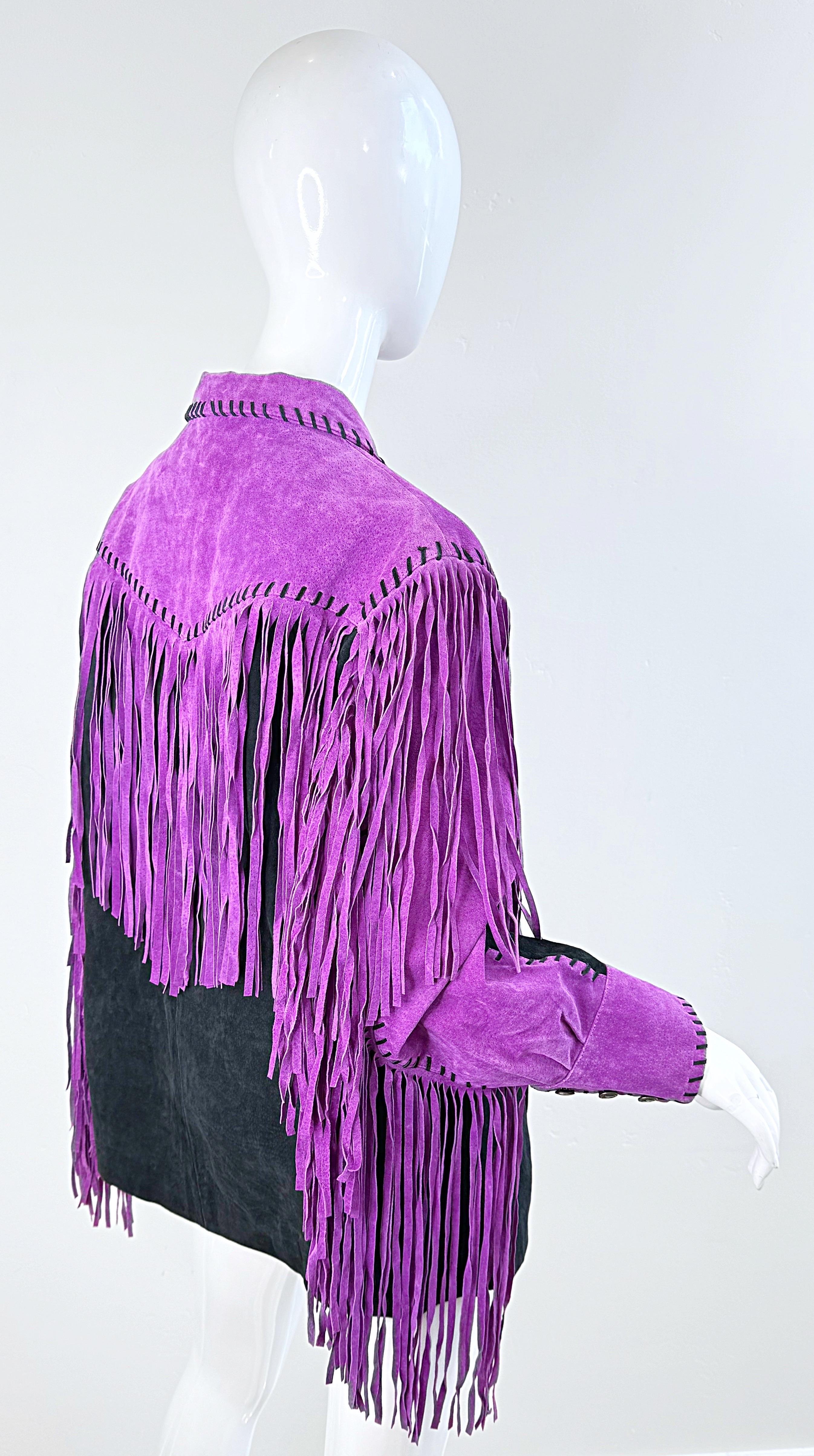 Amazing Bob Mackie 1990s Size Large Suede Purple Black Fringe Vintage 90s Jacket In Excellent Condition For Sale In San Diego, CA