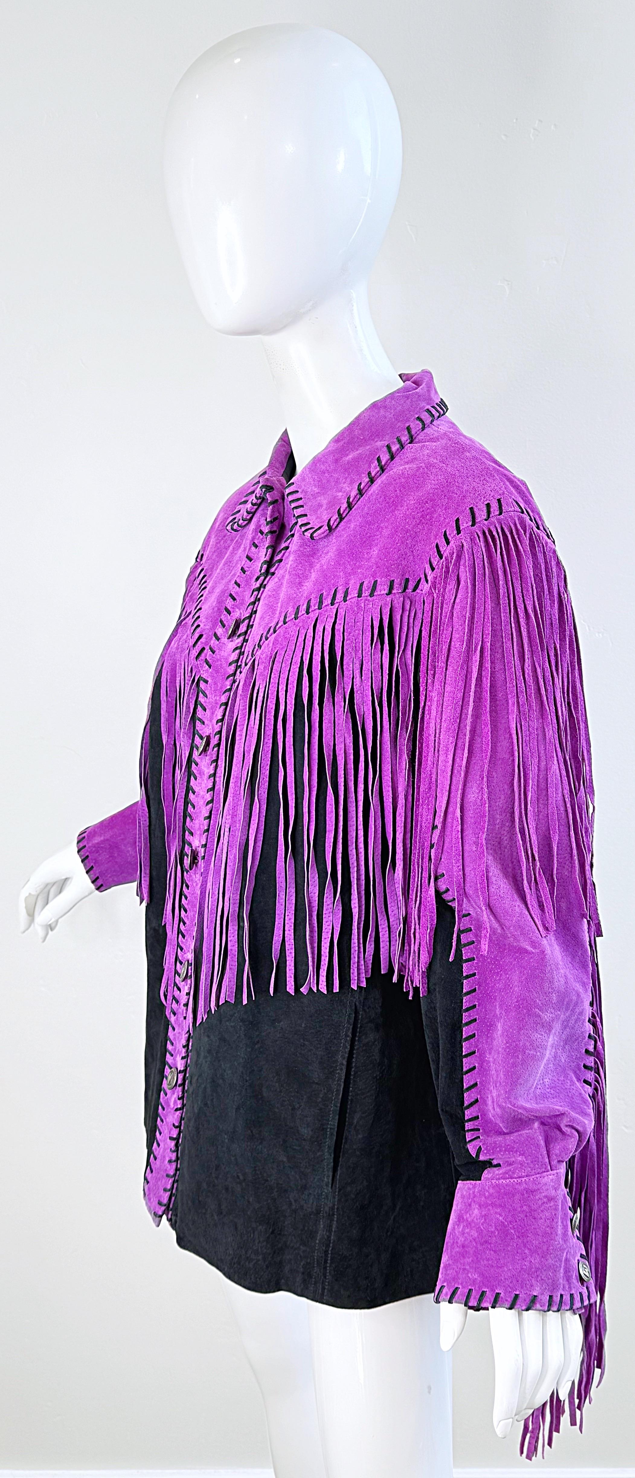 Women's or Men's Amazing Bob Mackie 1990s Size Large Suede Purple Black Fringe Vintage 90s Jacket For Sale