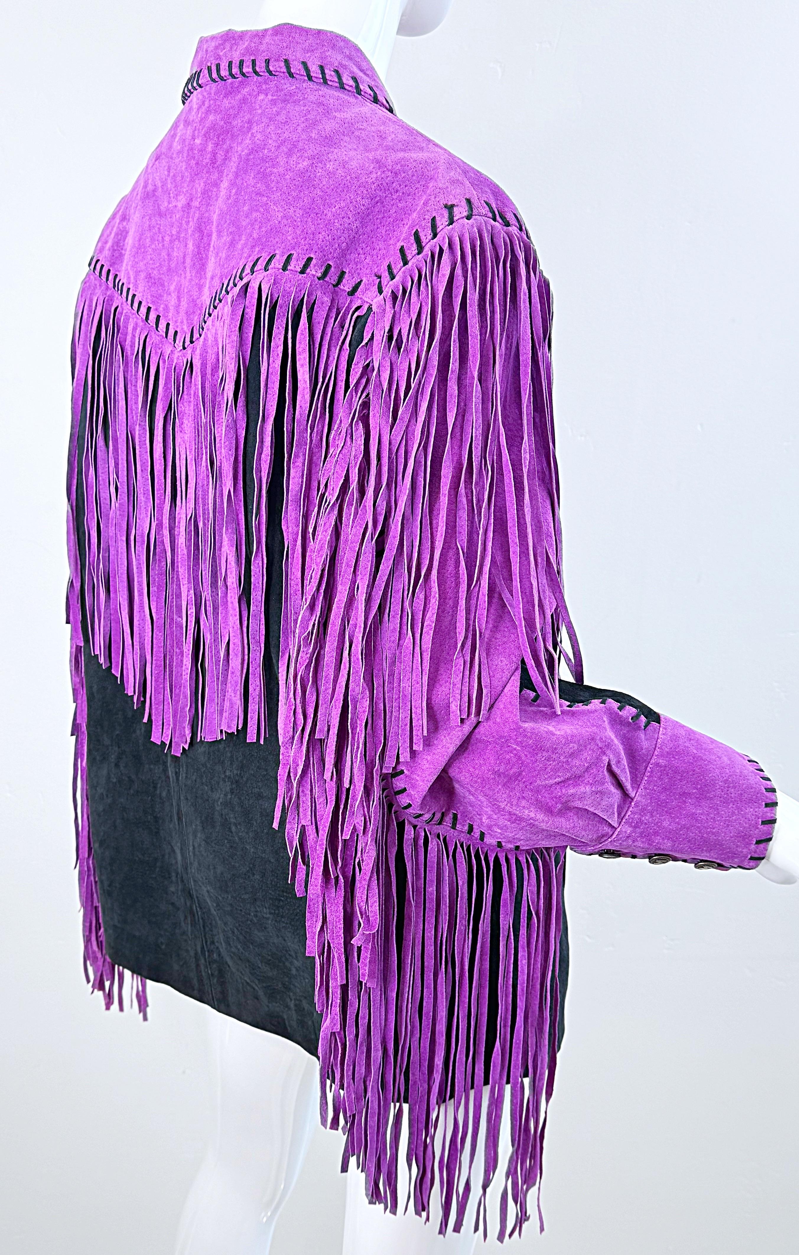 Amazing Bob Mackie 1990s Size Large Suede Purple Black Fringe Vintage 90s Jacket For Sale 1