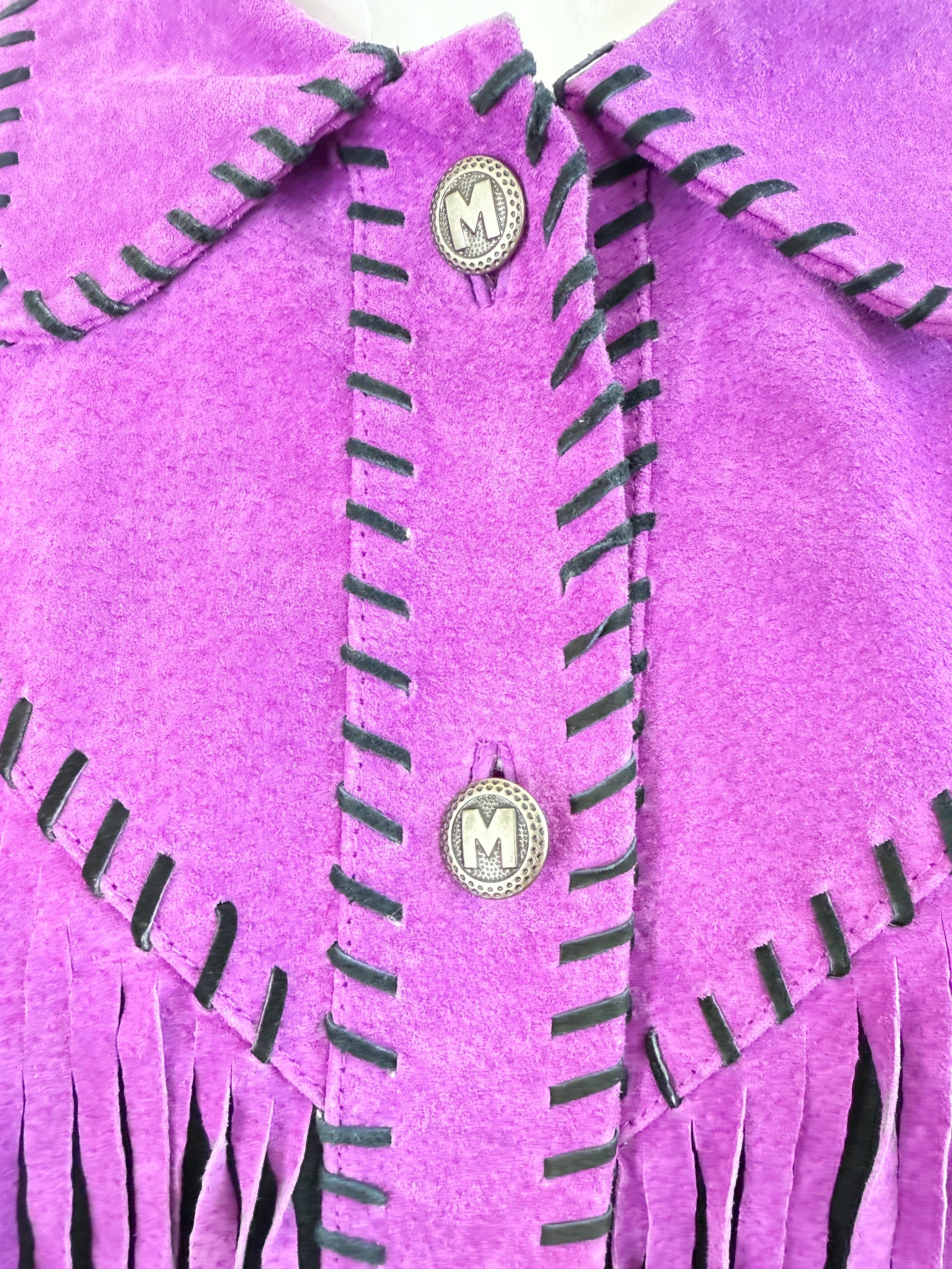 Amazing Bob Mackie 1990s Size Large Suede Purple Black Fringe Vintage 90s Jacket For Sale 2