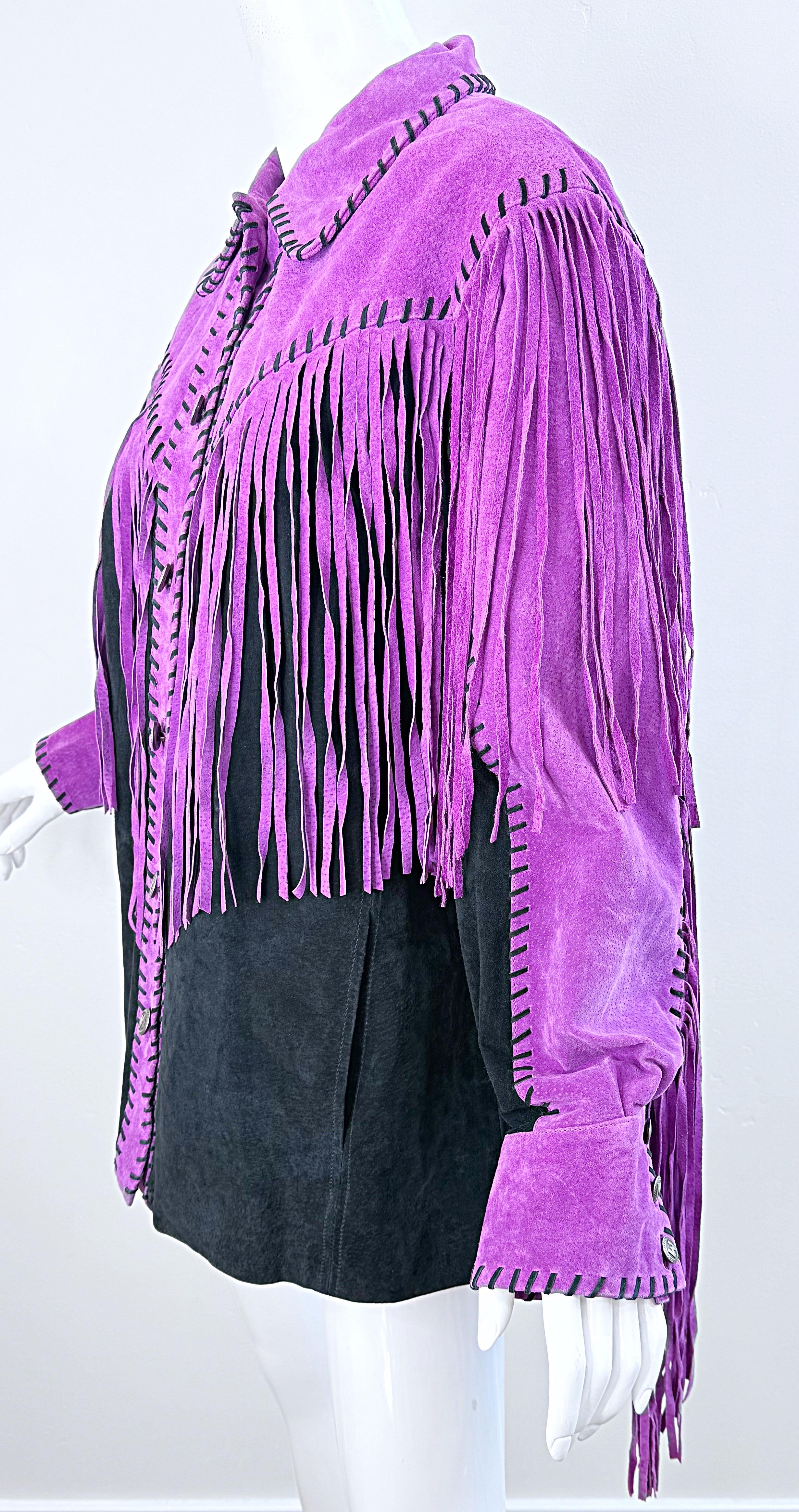 Amazing Bob Mackie 1990s Size Large Suede Purple Black Fringe Vintage 90s Jacket For Sale 3