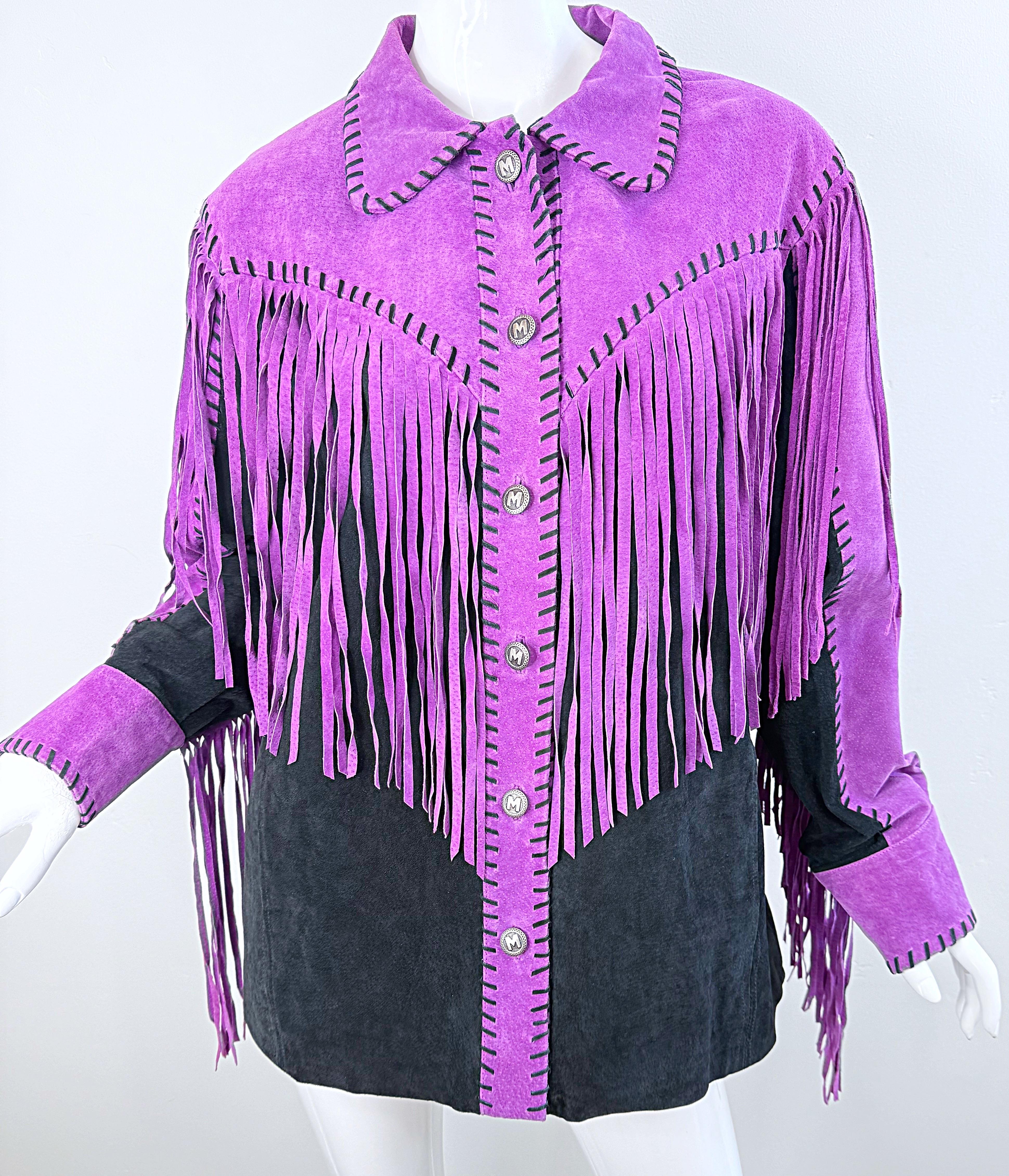 Amazing Bob Mackie 1990s Size Large Suede Purple Black Fringe Vintage 90s Jacket For Sale 4