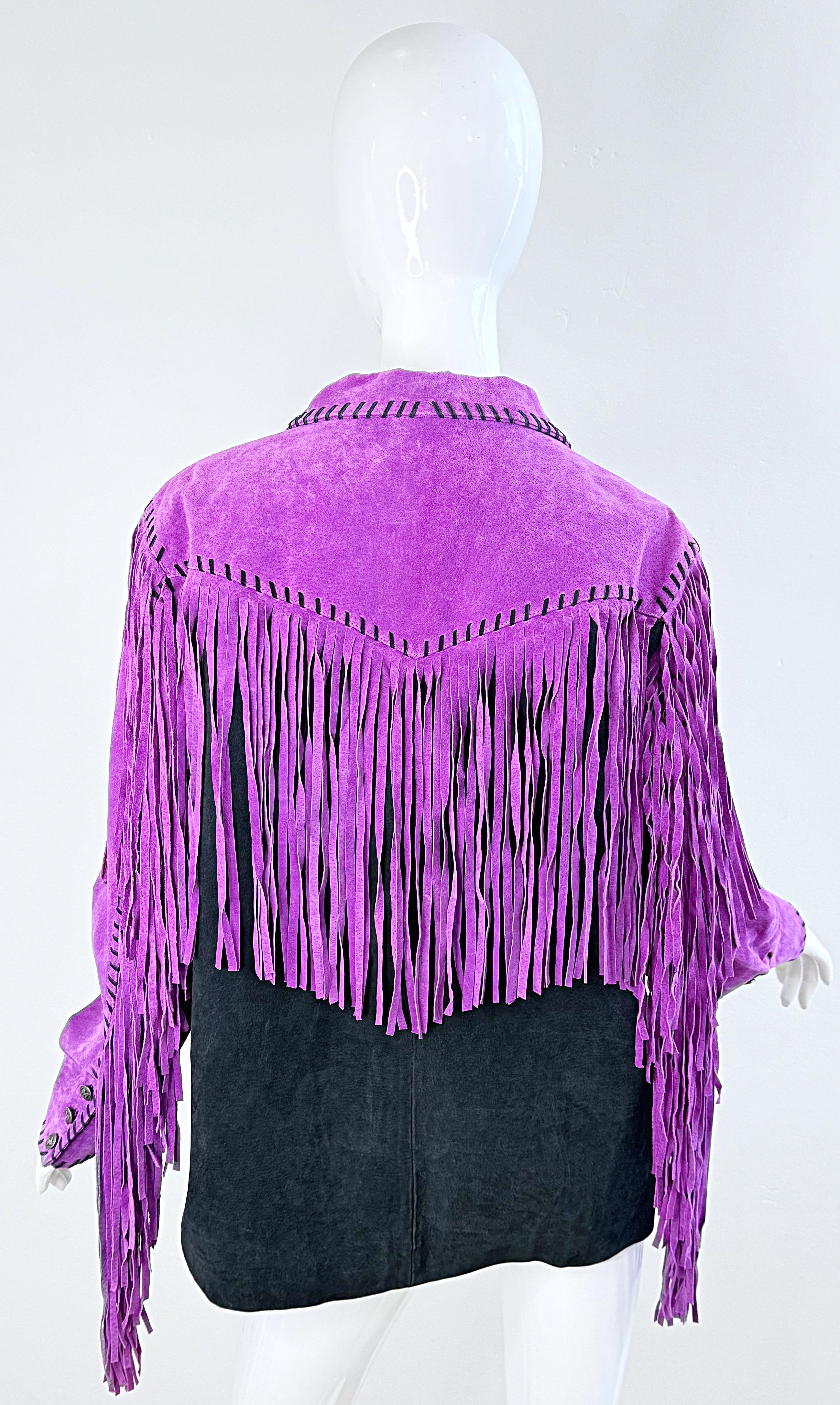 Amazing Bob Mackie 1990s Size Large Suede Purple Black Fringe Vintage 90s Jacket For Sale 5