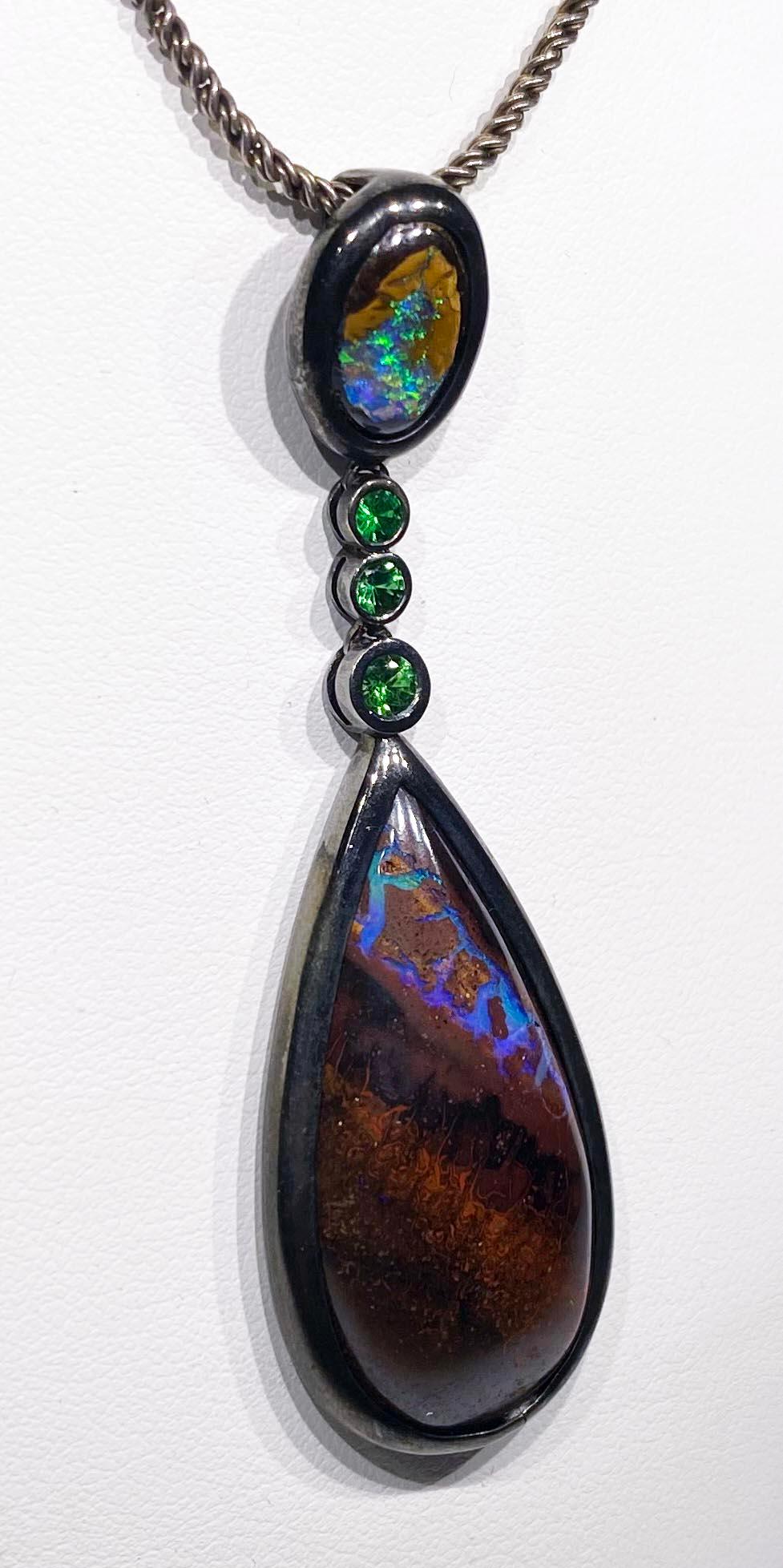 Amazing Boulder Opal & Tsavorite Garnet Pendant For Sale 5