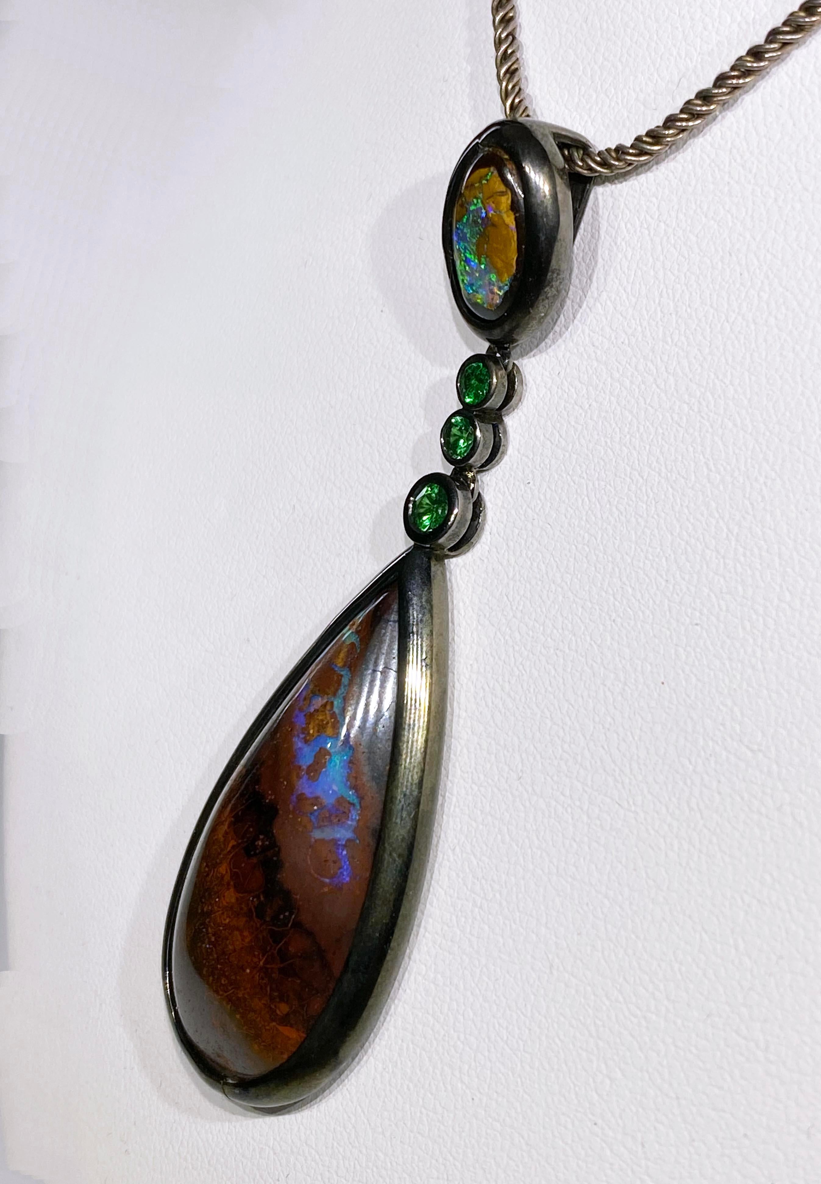 Amazing Boulder Opal & Tsavorite Garnet Pendant For Sale 7