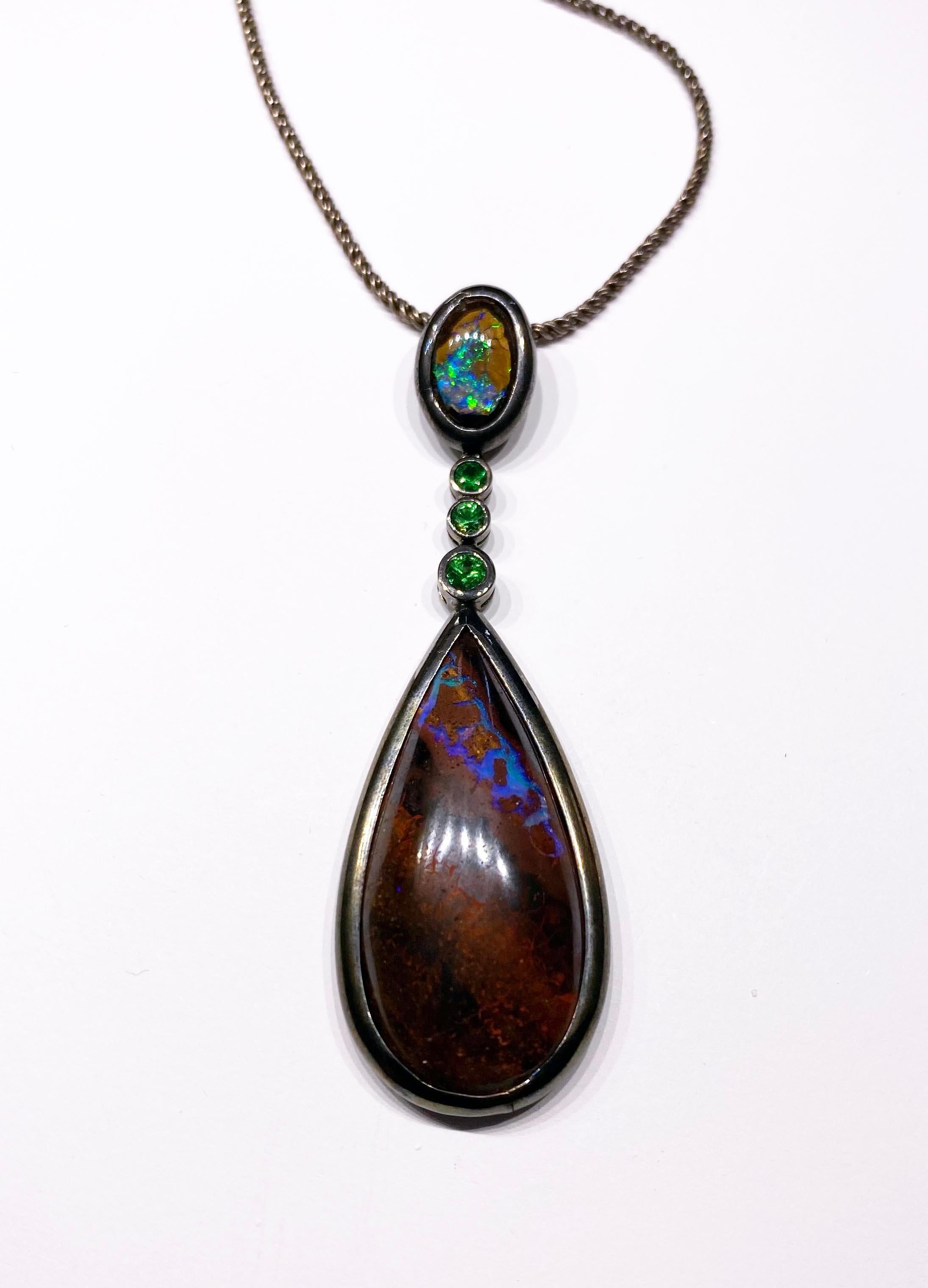 Contemporary Amazing Boulder Opal & Tsavorite Garnet Pendant For Sale