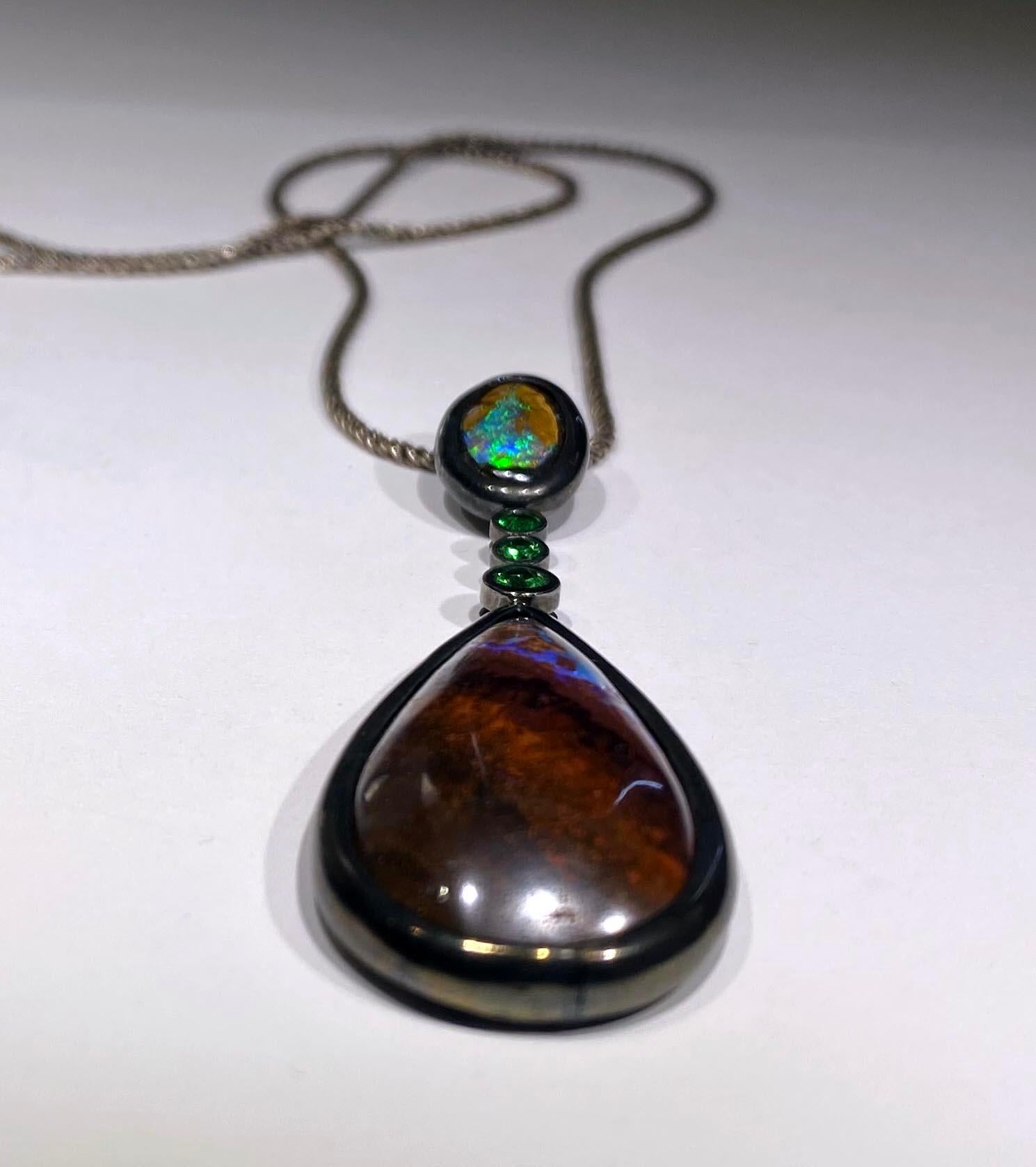 Amazing Boulder Opal & Tsavorite Garnet Pendant In New Condition For Sale In Coupeville, WA
