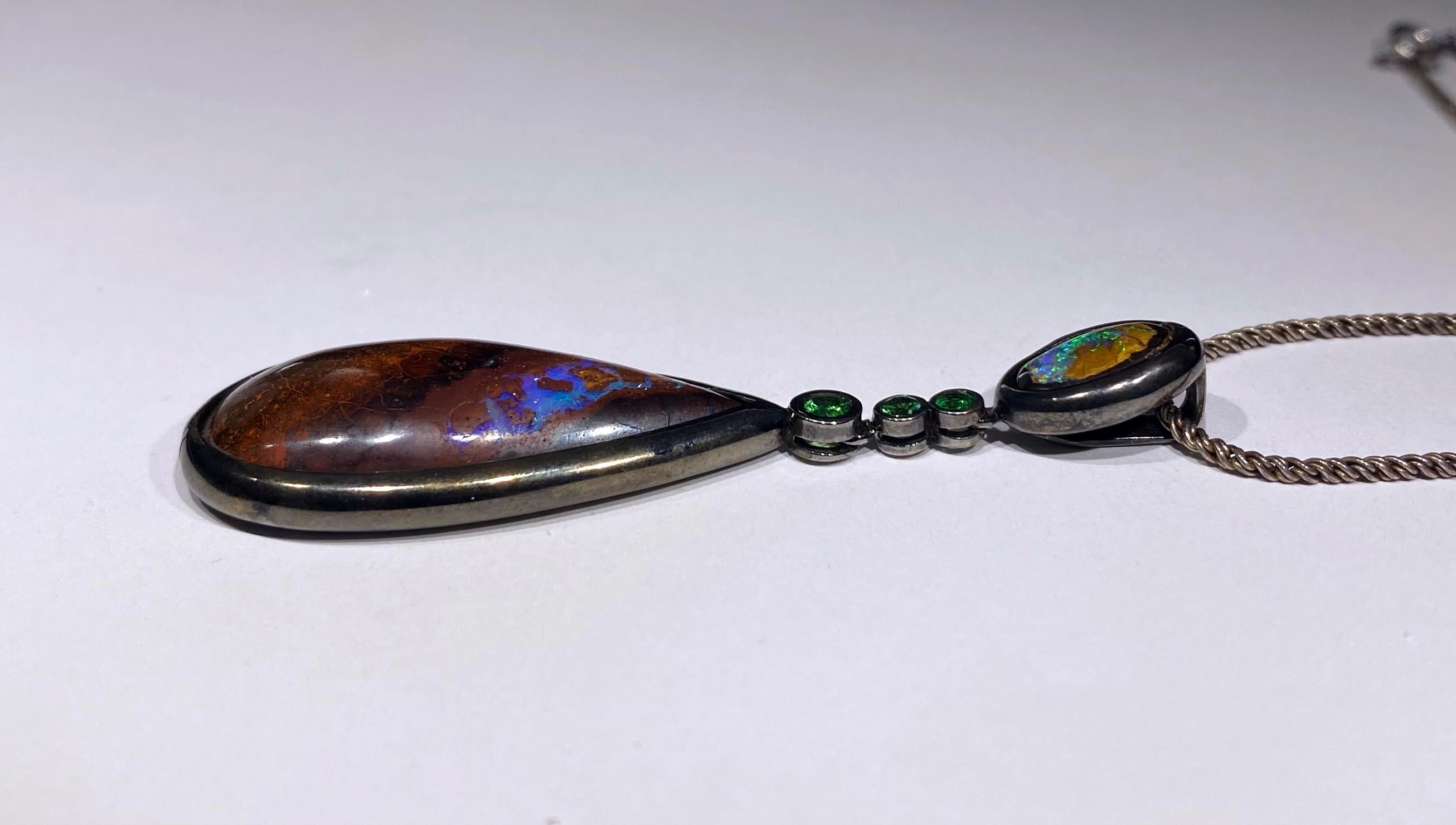 Women's or Men's Amazing Boulder Opal & Tsavorite Garnet Pendant For Sale