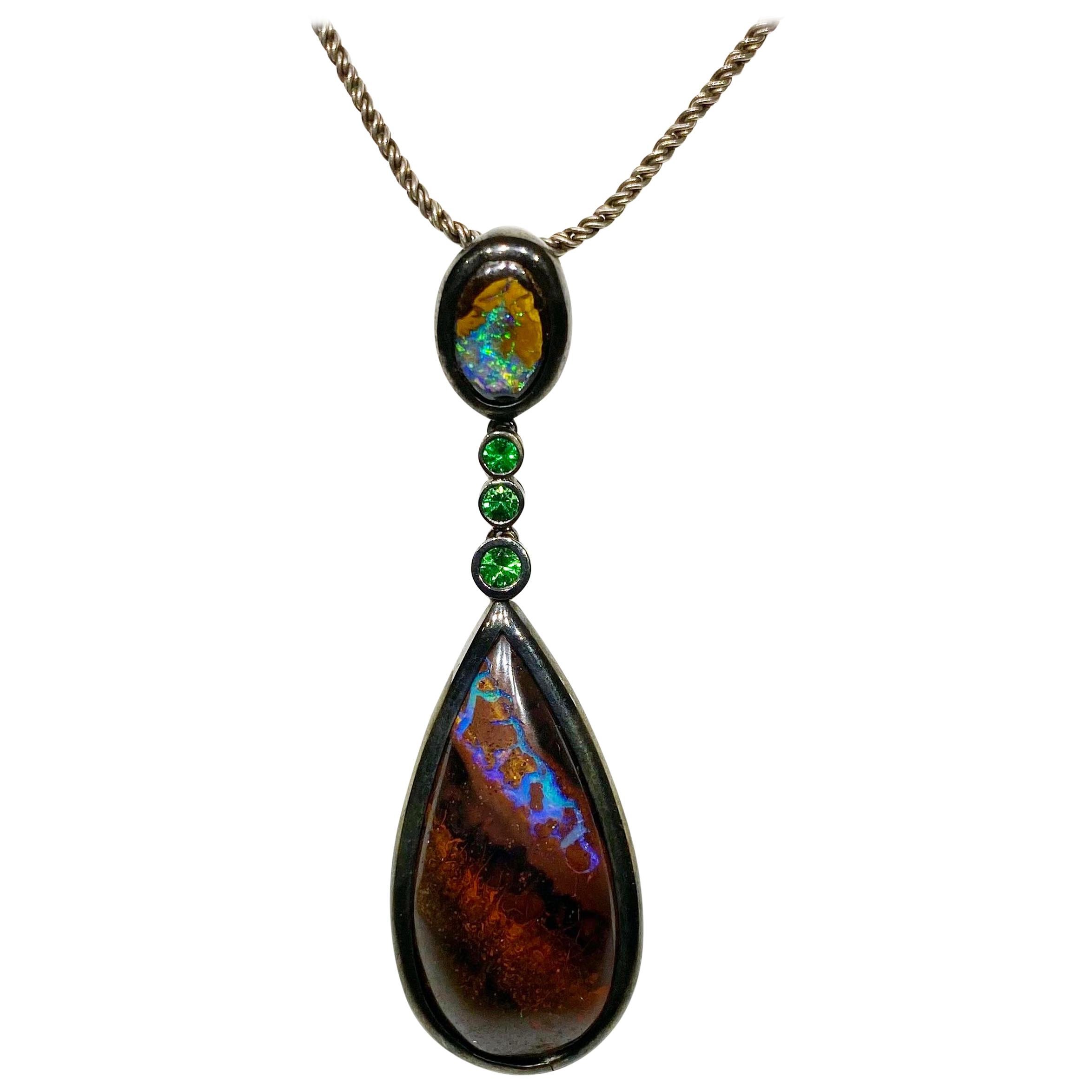 Amazing Boulder Opal & Tsavorite Garnet Pendant For Sale