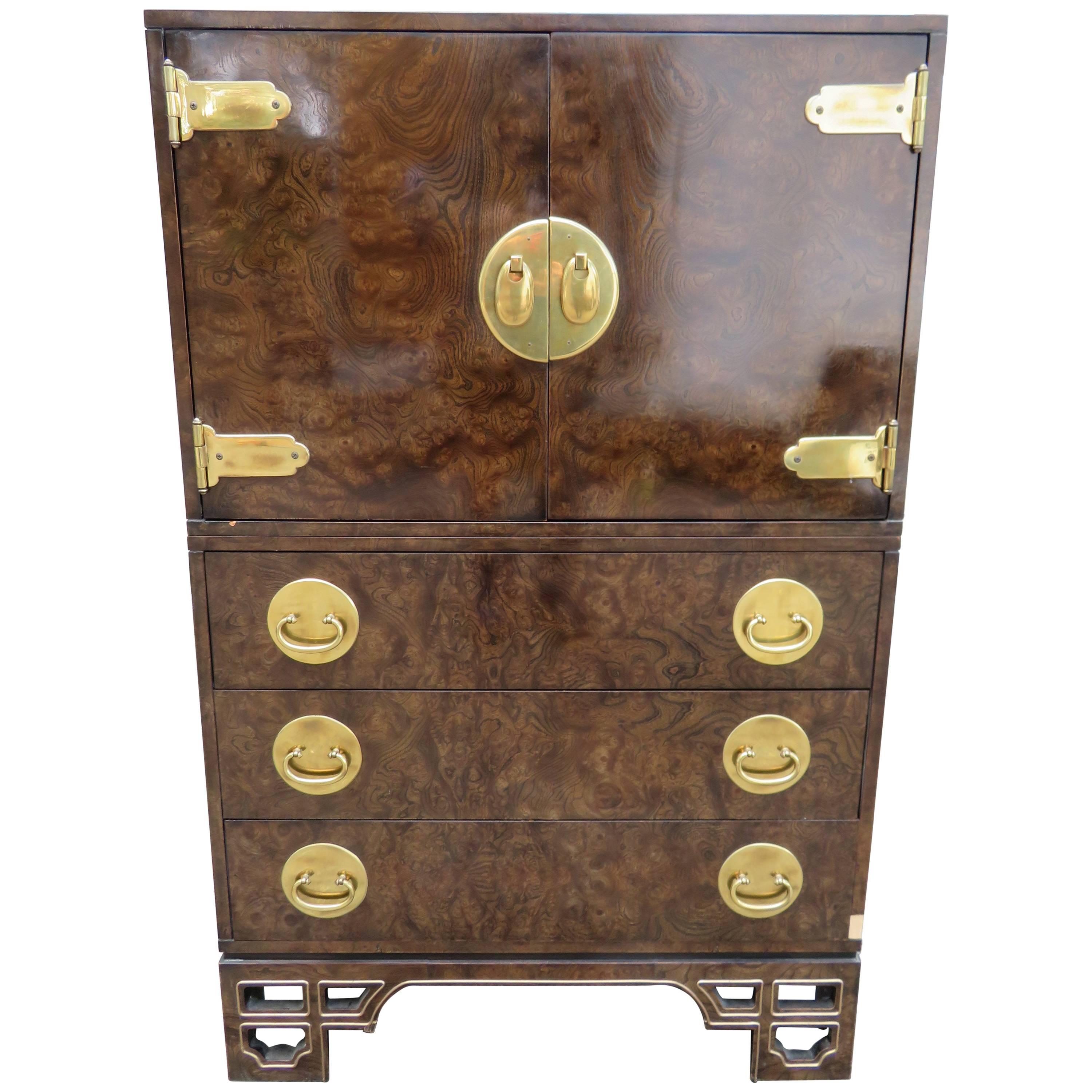 Amazing Burled Amboyna Brass Mastercraft Two-Piece Tall Dresser Chinoiserie For Sale