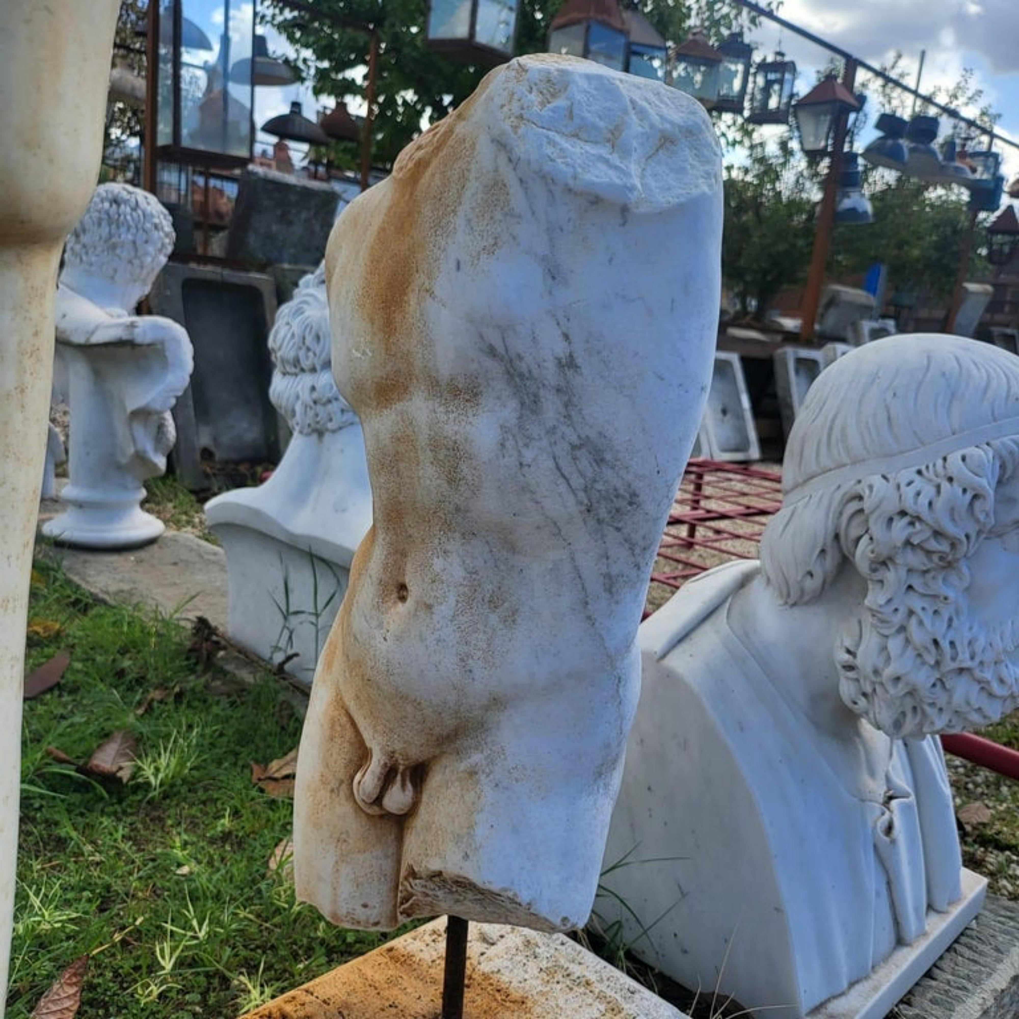 Carrara MARBLE ROMAN TORSO 19th century

HEIGHT 54cm
MAXIMUM HEIGHT 70cm
WIDTH 30cm
DEPTH 20cm
OVERALL WEIGHT 56 Kg
BASE HEIGHT INCLUDED 70 cm
Material White carrara marble
Base in Navona Travertine
Good original condition.

Important Note: