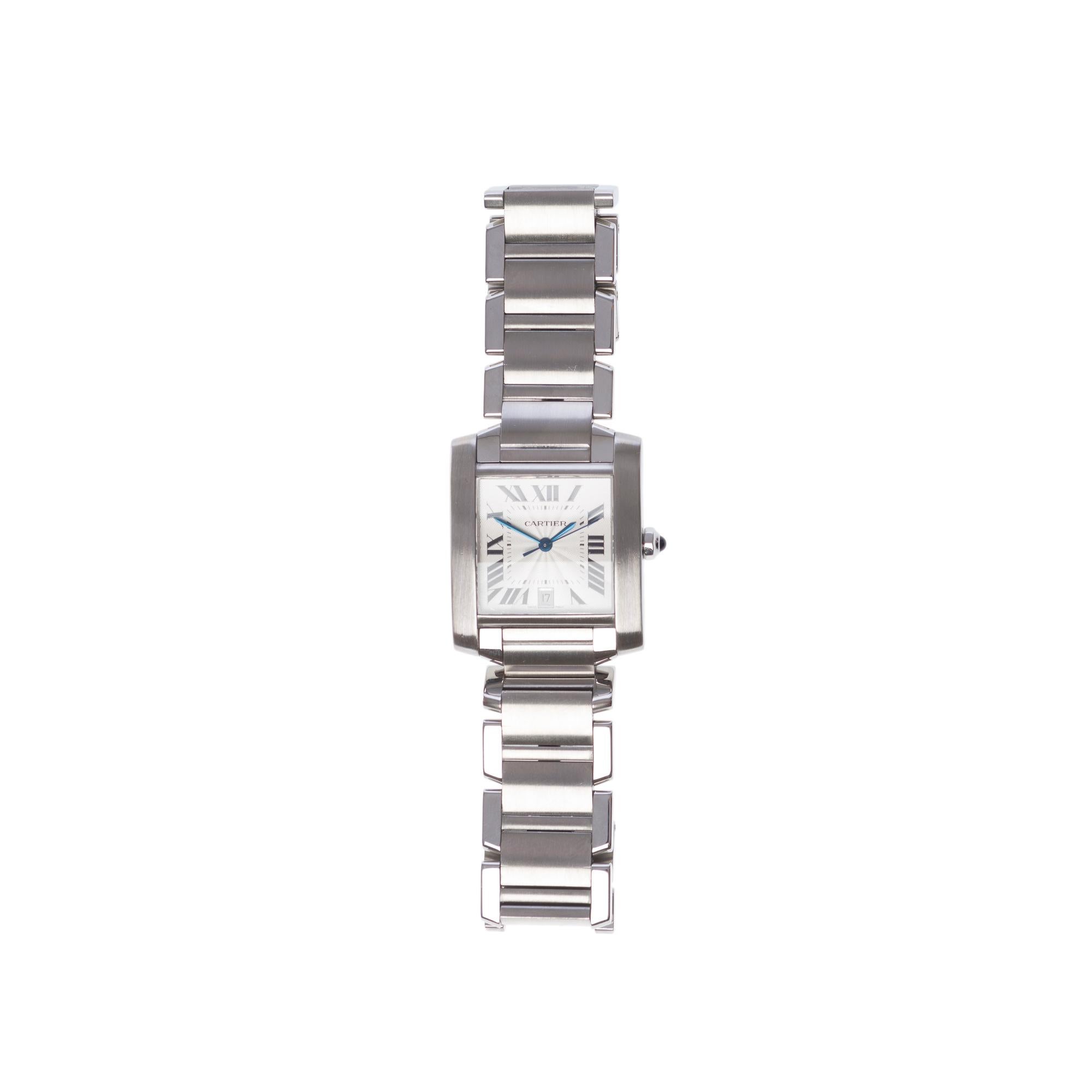 Brand:​ ​Cartier
Model:​ ​Tank​ ​Française
Reference:​ ​2302
Dial:​ ​Silver​ ​guilloché
Date:​ ​Yes,​ ​at​ ​6:00
Calibre:​ ​Cartier​ ​automatic​ ​mechanical
Case:​ ​Steel
Dimensions:​ ​29x31​ ​mm
Bracelet:​ ​steel,​ ​signed​ ​Cartier,​ ​butterfly​
