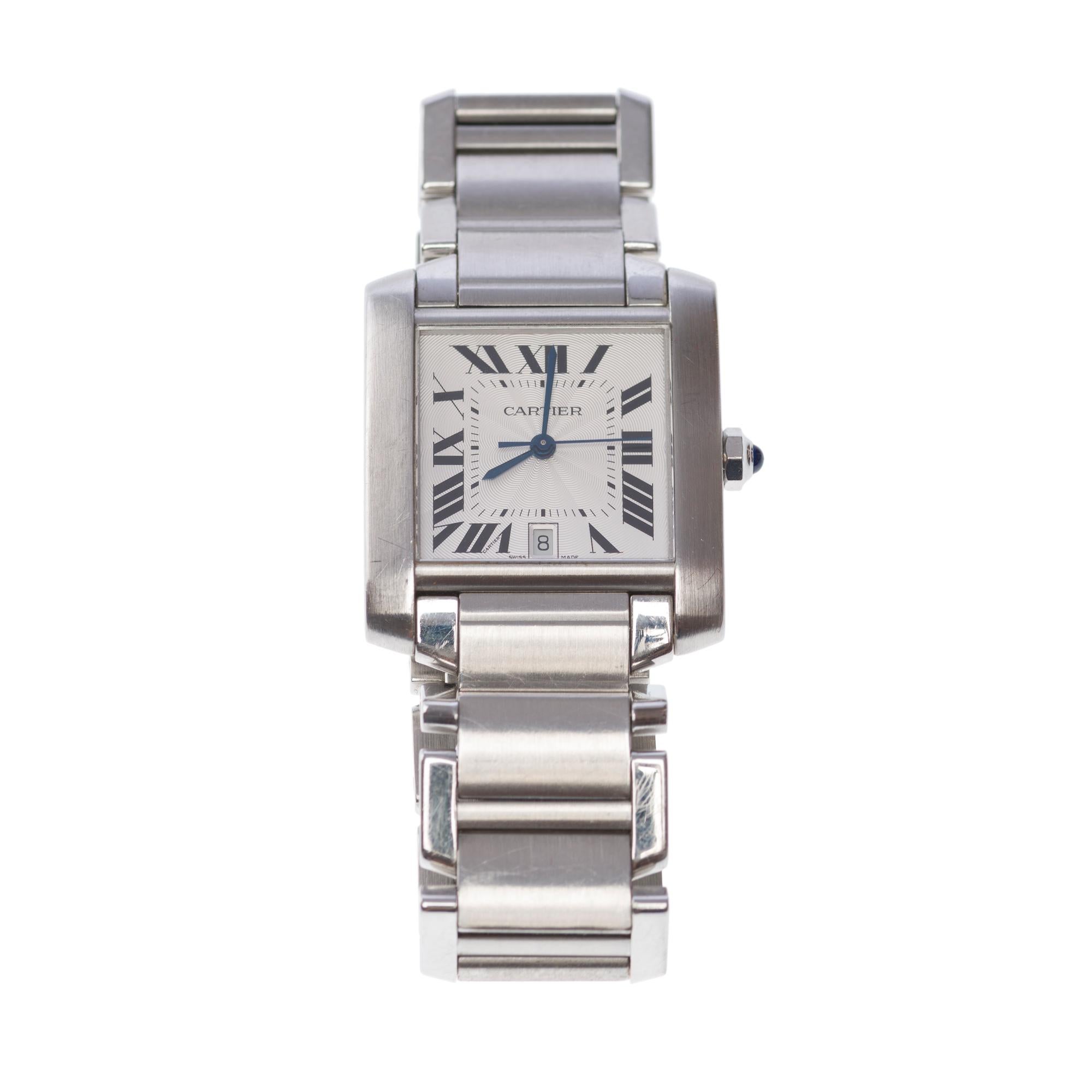 Amazing Cartier Tank Française Automatic Wrist watch in silver In Good Condition For Sale In Paris, IDF
