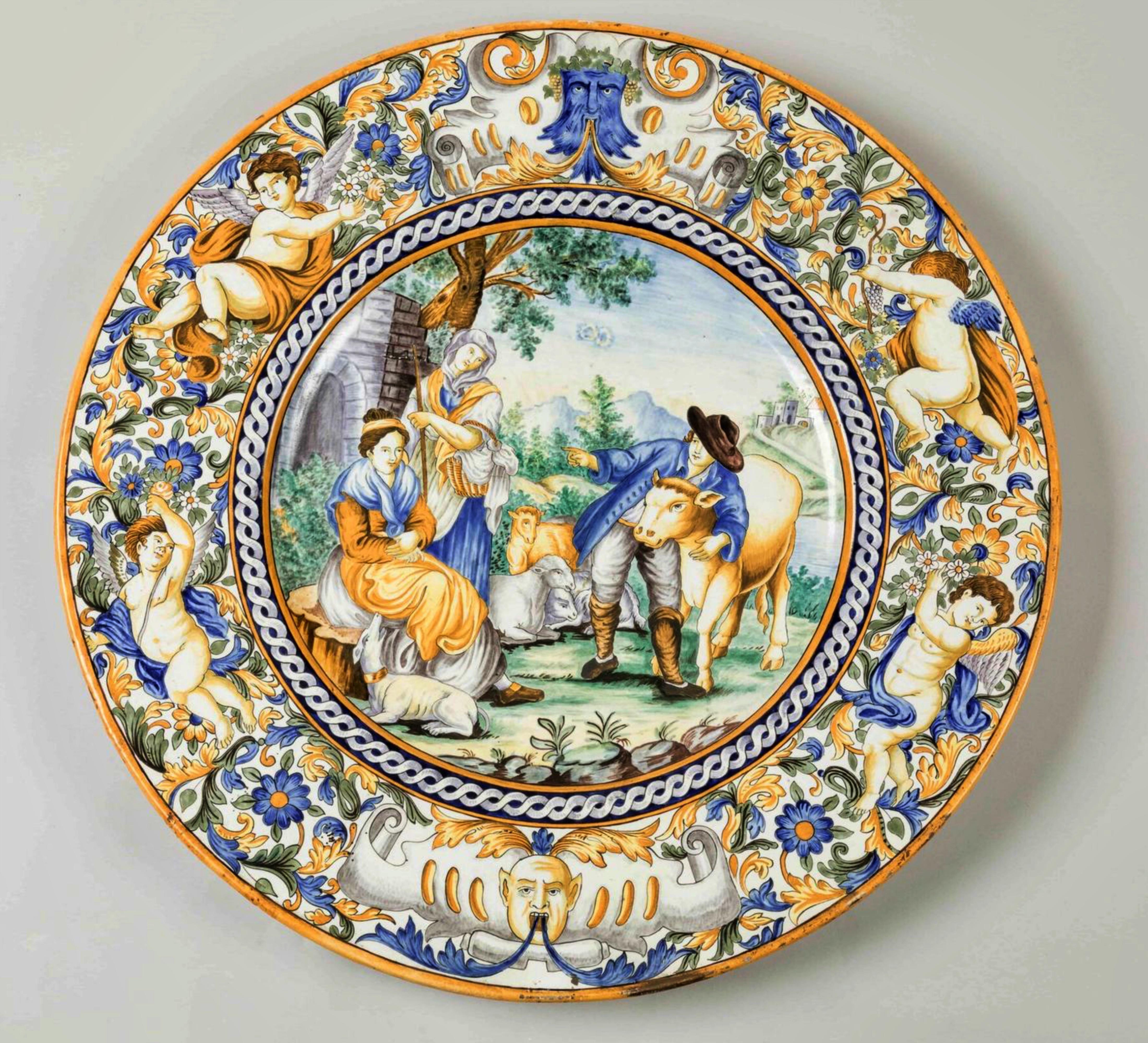 Außergewöhnlicher CASTELLI-Teller, Italien, 19. Jahrhundert, D: 62 cm (Handgefertigt) im Angebot