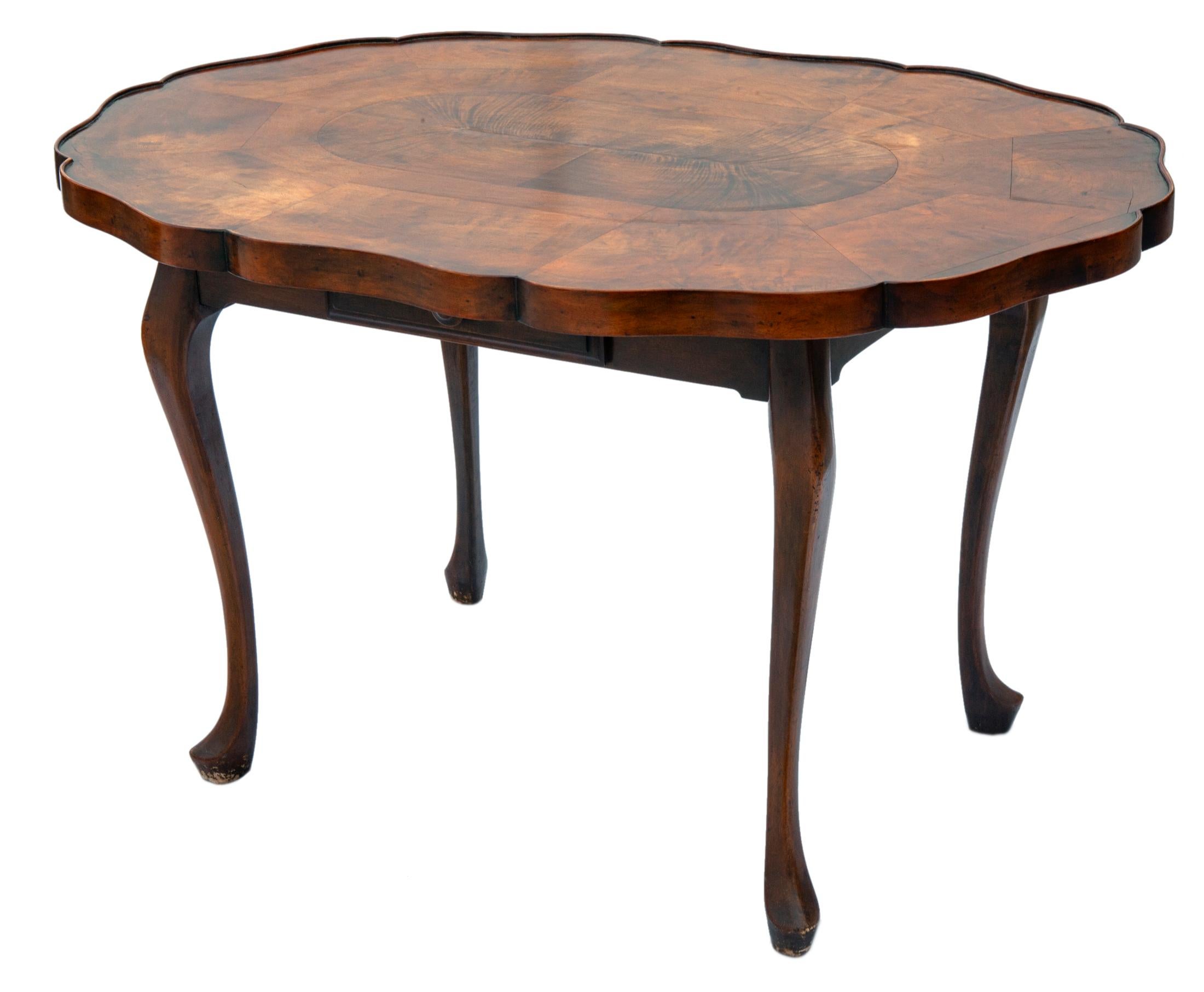 20th Century Walnut Center/Writing Table with Flame Veneered Top For Sale