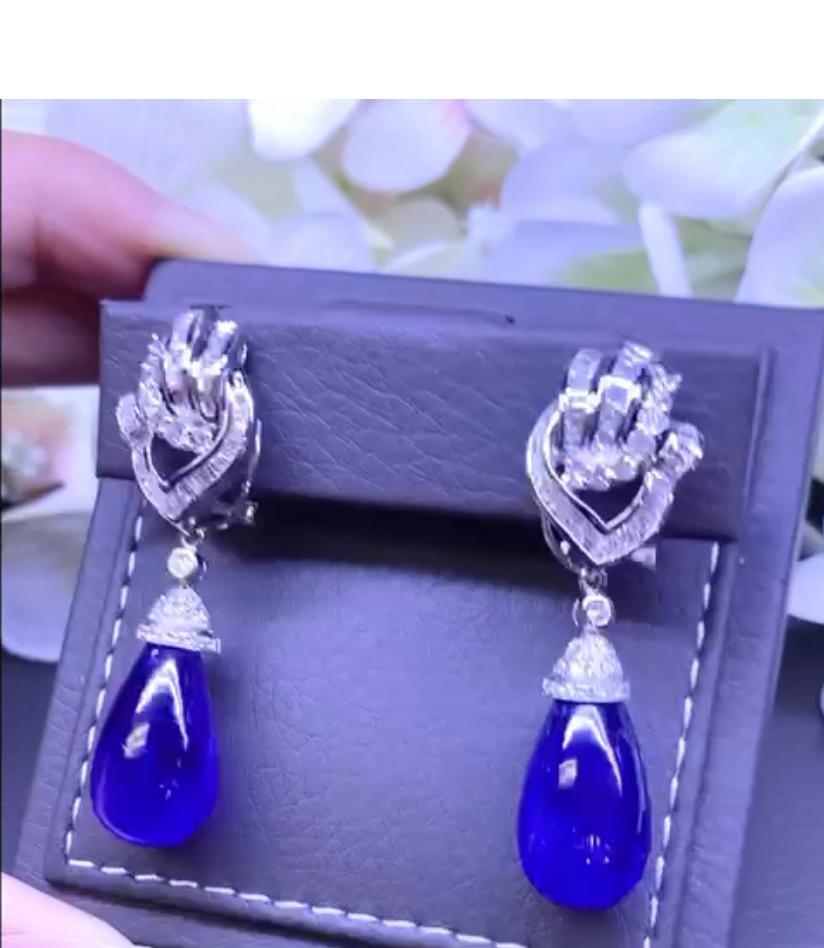 Cabochon AIG Certified 49 Carats Tanzanites Diamonds 18k Gold Earrings  For Sale