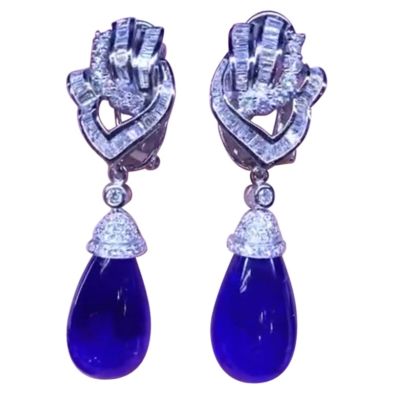 AIG Certified 49 Carats Tanzanites Diamonds 18k Gold Earrings For Sale