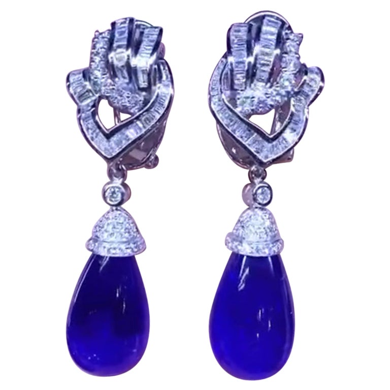 AIG Certified 49 Carats Tanzanites Diamonds 18k Gold Earrings  For Sale