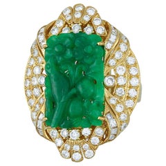 Amazing Certified Natural Carved Green Jadeite Jade and Diamond Estate Ring