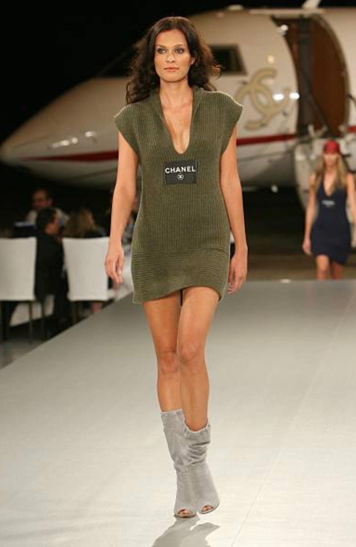 Women's Amazing Chanel Army Green Cashmere Knit Huge CHANEL Logo Mini Dress