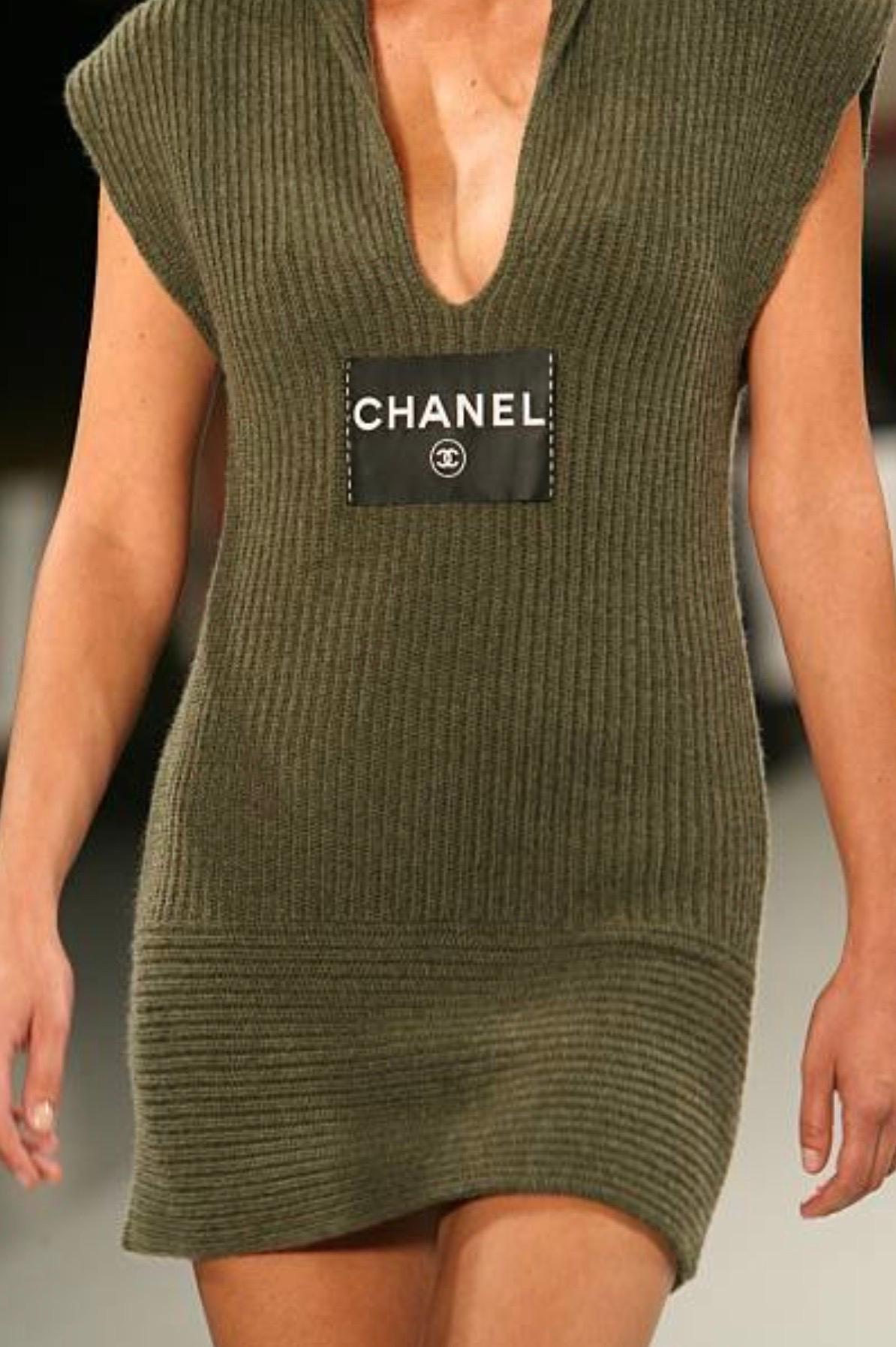 Amazing Chanel Army Green Cashmere Knit Huge CHANEL Logo Mini Dress 1