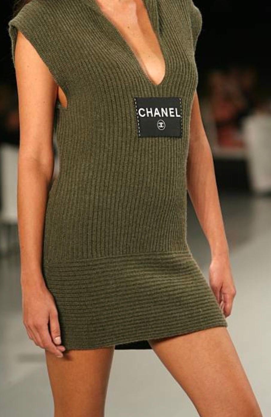 Amazing Chanel Army Green Cashmere Knit Huge CHANEL Logo Mini Dress 2