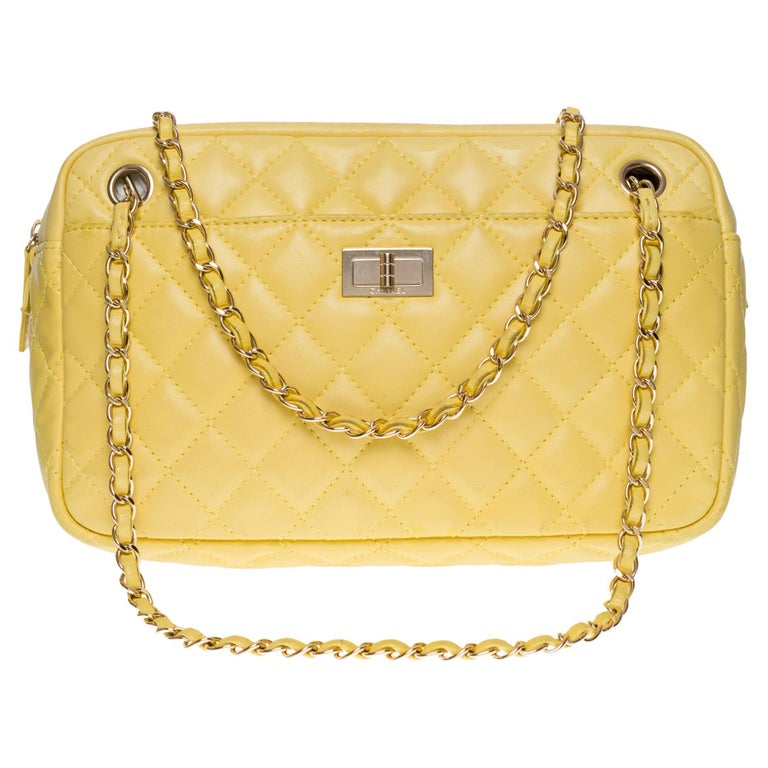 CHANEL Quilted Leather Top Handle Bag Yellow