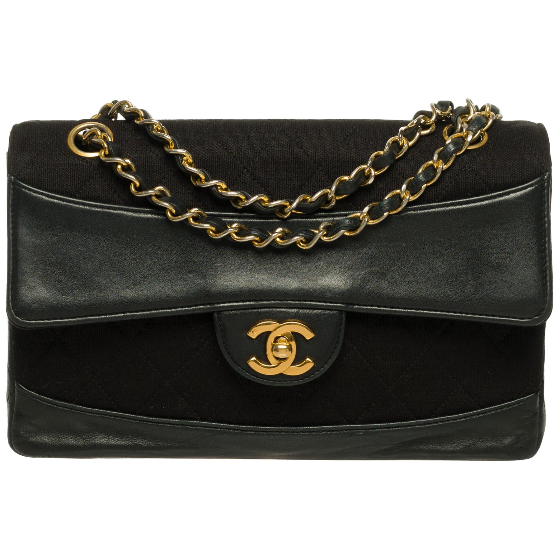 Amazing Chanel Classic bi material crossbody bag in black leather& Jersey, GHW